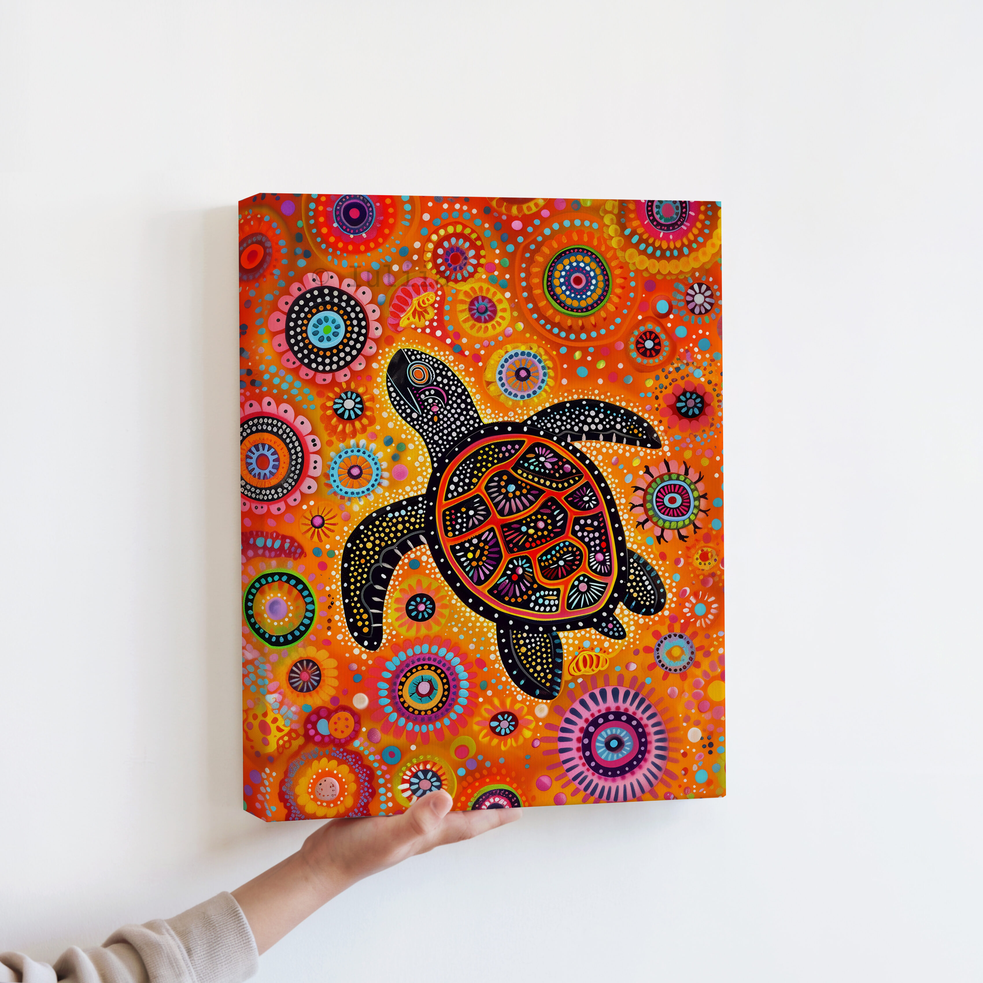 Whimsical Turtle Canvas in Aboriginal Dot Painting Style – Bold Ocean-Inspired Artwork in Playful Colors for Vibrant Home or Nursery Decor - photo #14