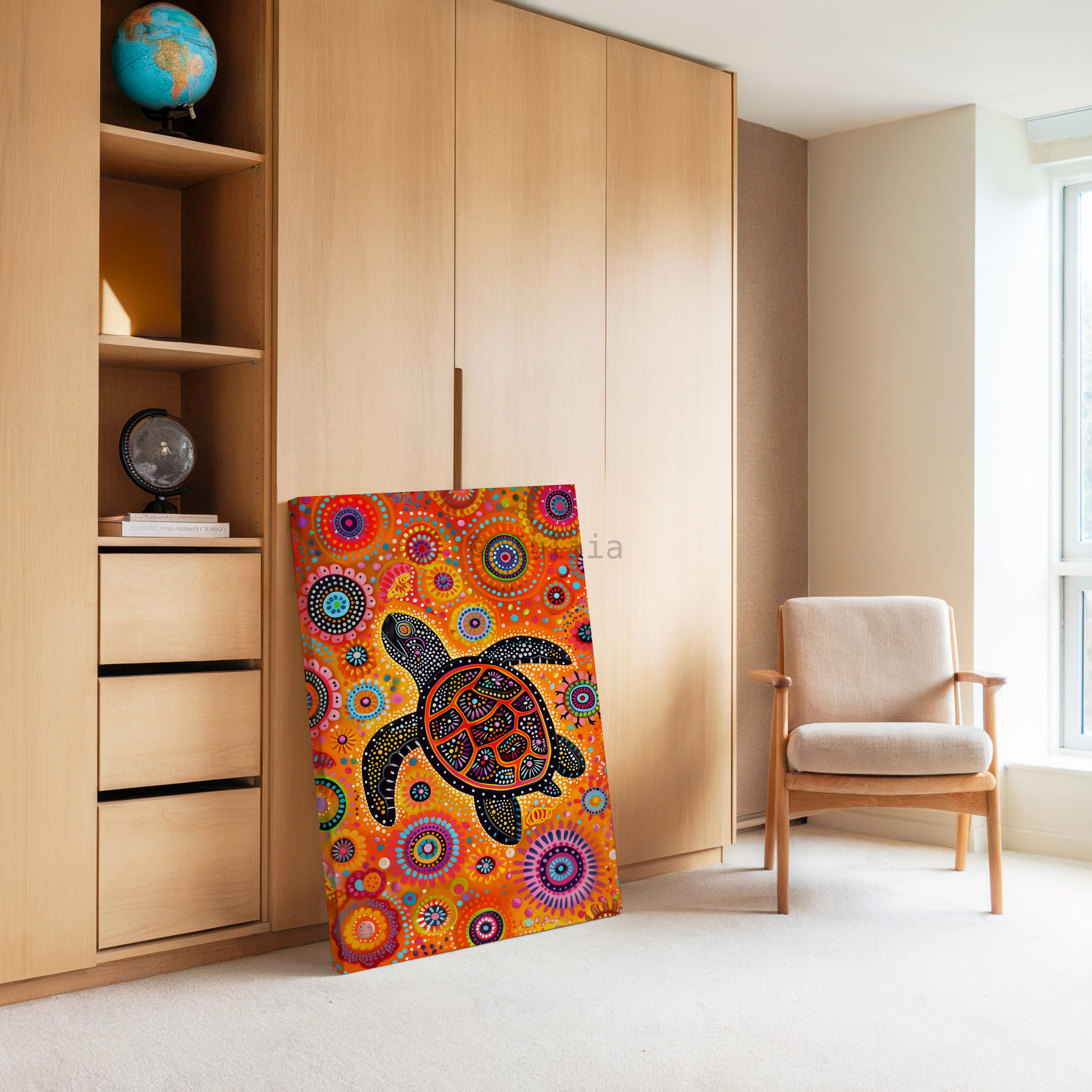Whimsical Turtle Canvas in Aboriginal Dot Painting Style – Bold Ocean-Inspired Artwork in Playful Colors for Vibrant Home or Nursery Decor - photo #2