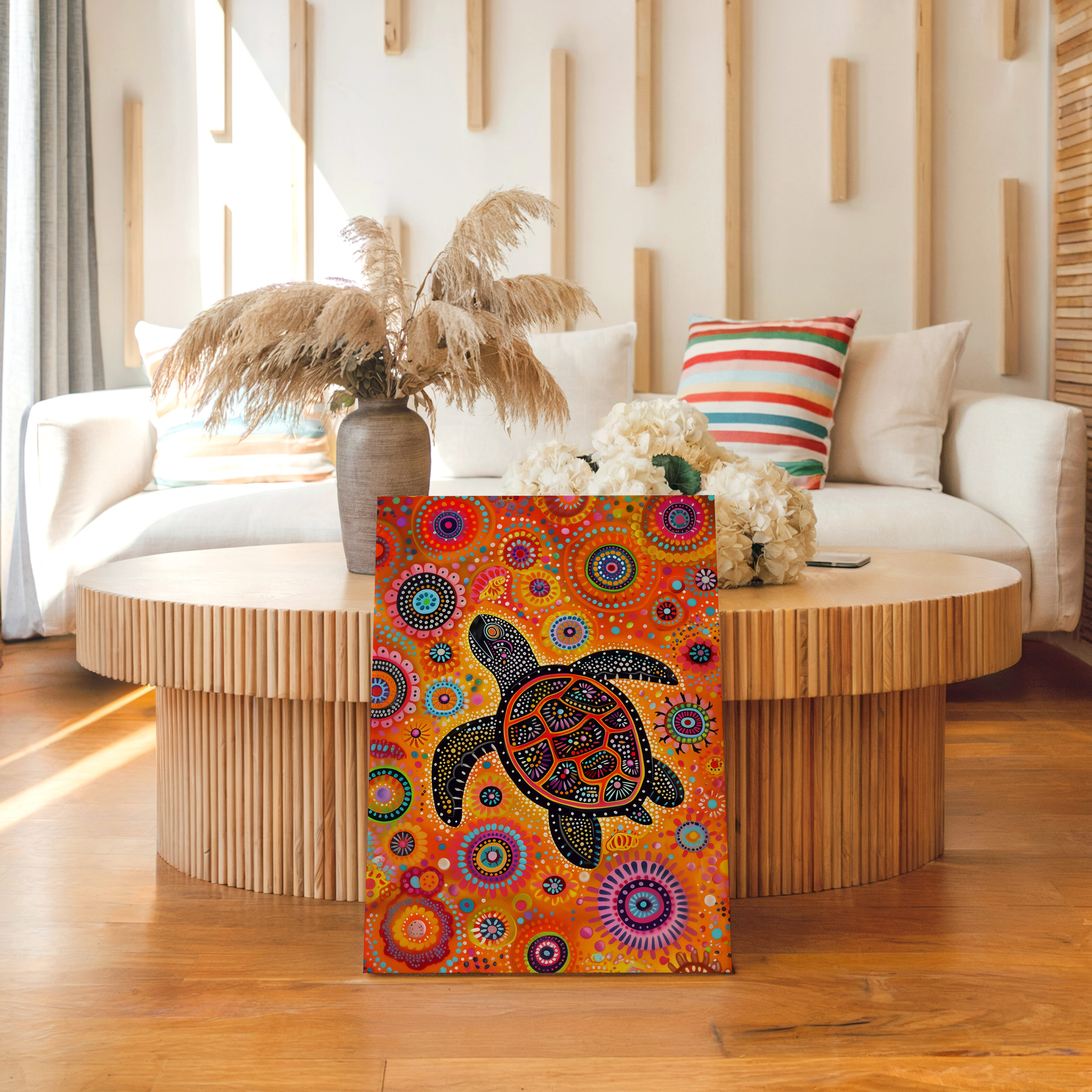 Whimsical Turtle Canvas in Aboriginal Dot Painting Style – Bold Ocean-Inspired Artwork in Playful Colors for Vibrant Home or Nursery Decor - photo #15