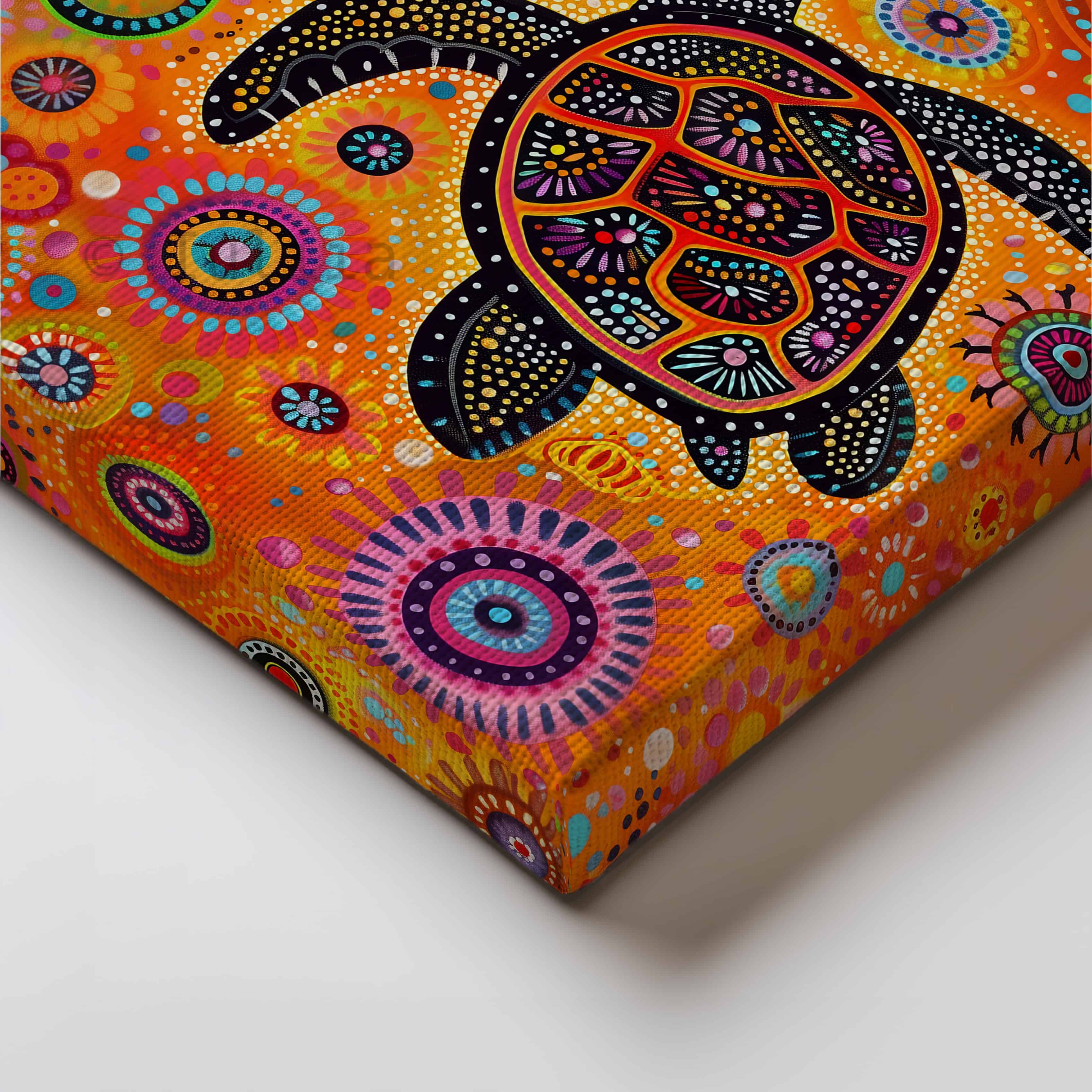 Whimsical Turtle Canvas in Aboriginal Dot Painting Style – Bold Ocean-Inspired Artwork in Playful Colors for Vibrant Home or Nursery Decor - photo #1