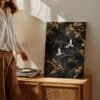 Golden Forest Flight Canvas – Two Japanese Cranes Flying Through Gold Botanical Landscape on Black Print, Japandi Minimalist Nature Wall Art