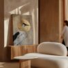 Japanese Crane with Golden Sun Canvas – Minimalist Red Crowned Bird Wall Art in Warm Neutral Tones, Zen-Inspired Japandi Print