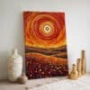 Sunset Landscape in Aboriginal Dot Painting Style – Vibrant Hills and Meadow Canvas in Red, Orange and Yellow for Maximalist or Boho Interiors
