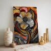 Bold Aboriginal-Inspired Floral Canvas – Close-Up Abstract Flower in Orange, Red and Gold with Dotted Tribal Patterns for Maximalist Spaces