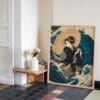 Ukiyo-e Style Geisha Wall Art – Beautiful Woman with Parasol Battling Waves in Deep Blue Kimono, Dramatic Japanese Print with Sea and Wind
