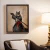 Samurai Cat Japanese Wall Art – Warrior Cat in Armor Holding Katana, Edo Ukiyo-e Style Animal Print, Funny Feline Bushido Decor for Home