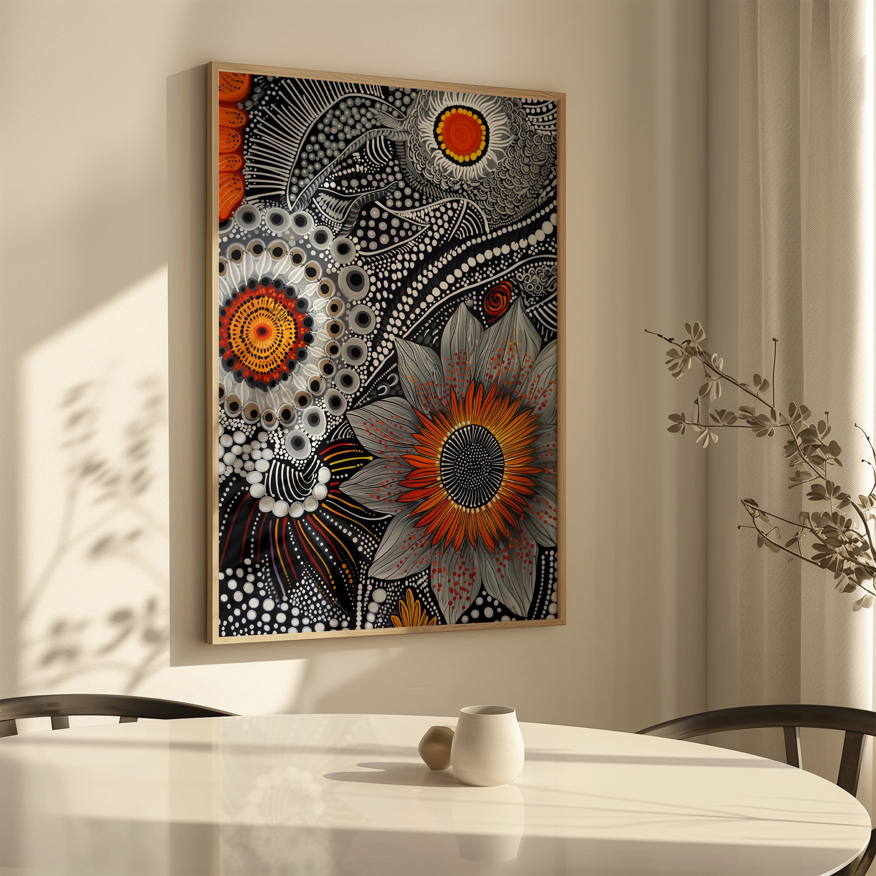 Monochrome Aboriginal Floral Print – Modern Black White Indigenous Artwork with Bright Orange Accents and Bold Dot Painting Composition - photo #4