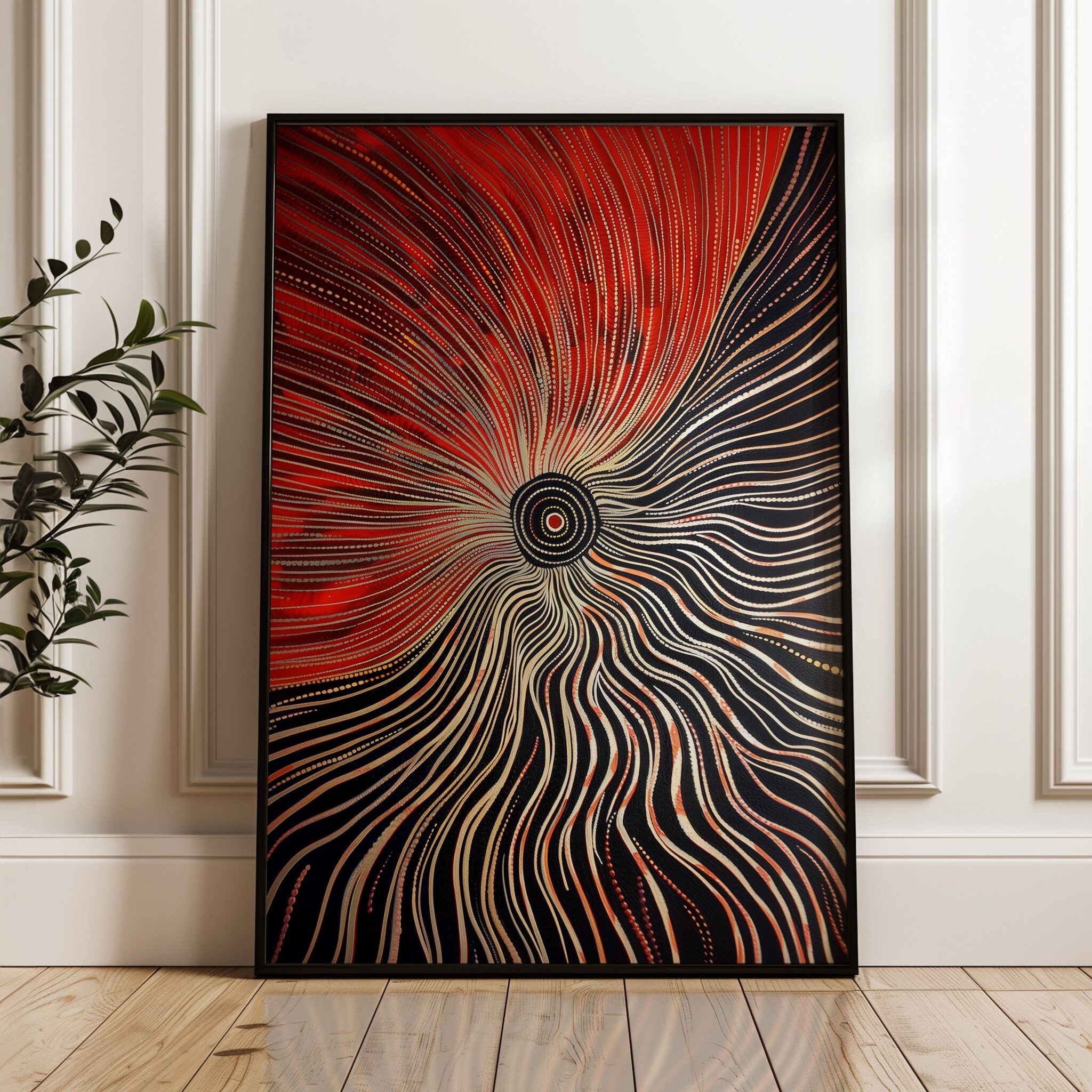 Australian Aboriginal Dot Line Artwork – Red and Black Radiating Dreamtime Spiral Print, Modern Indigenous Tribal Wall Art with Earthy Minimalism - photo #4