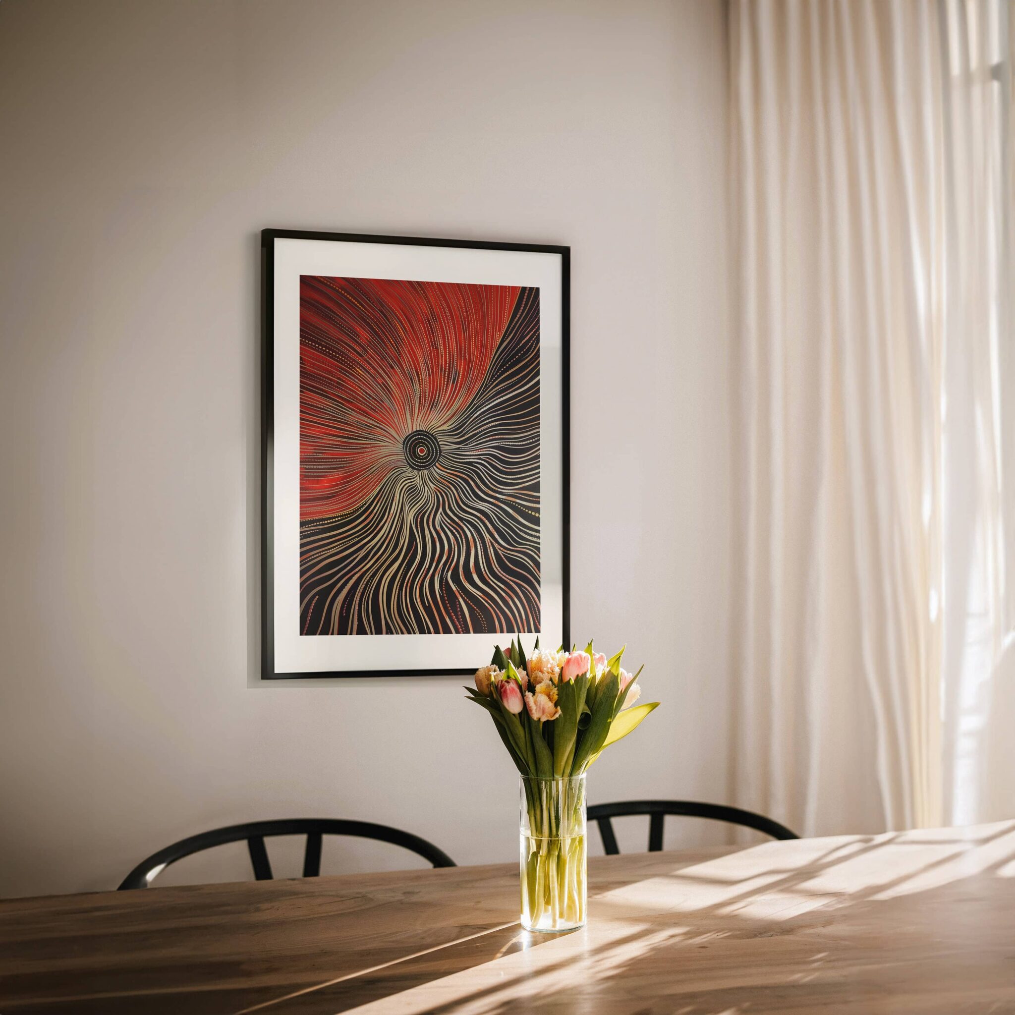 Australian Aboriginal Dot Line Artwork – Red and Black Radiating Dreamtime Spiral Print, Modern Indigenous Tribal Wall Art with Earthy Minimalism - photo #8