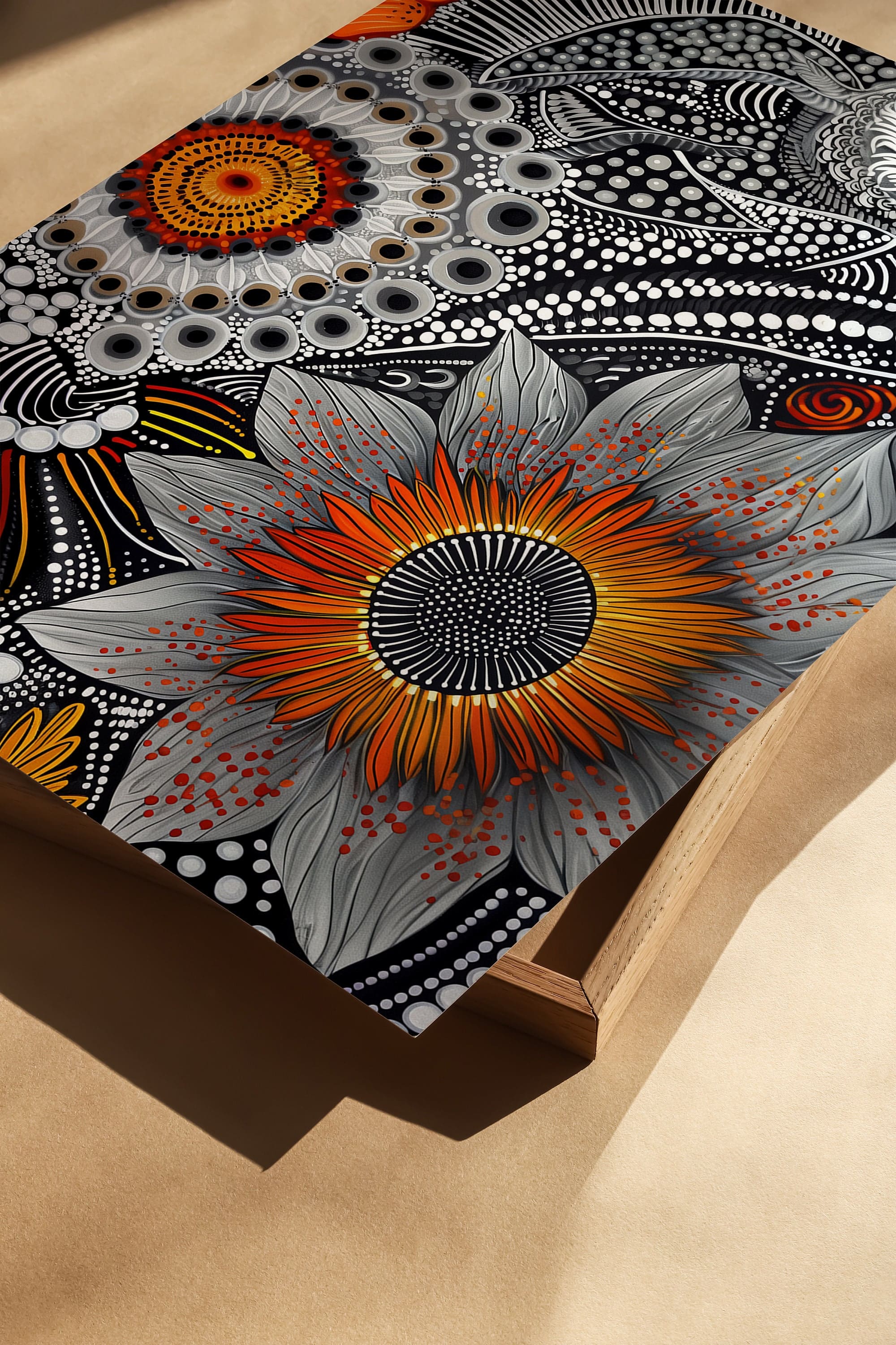 Monochrome Aboriginal Floral Print – Modern Black White Indigenous Artwork with Bright Orange Accents and Bold Dot Painting Composition - photo #1
