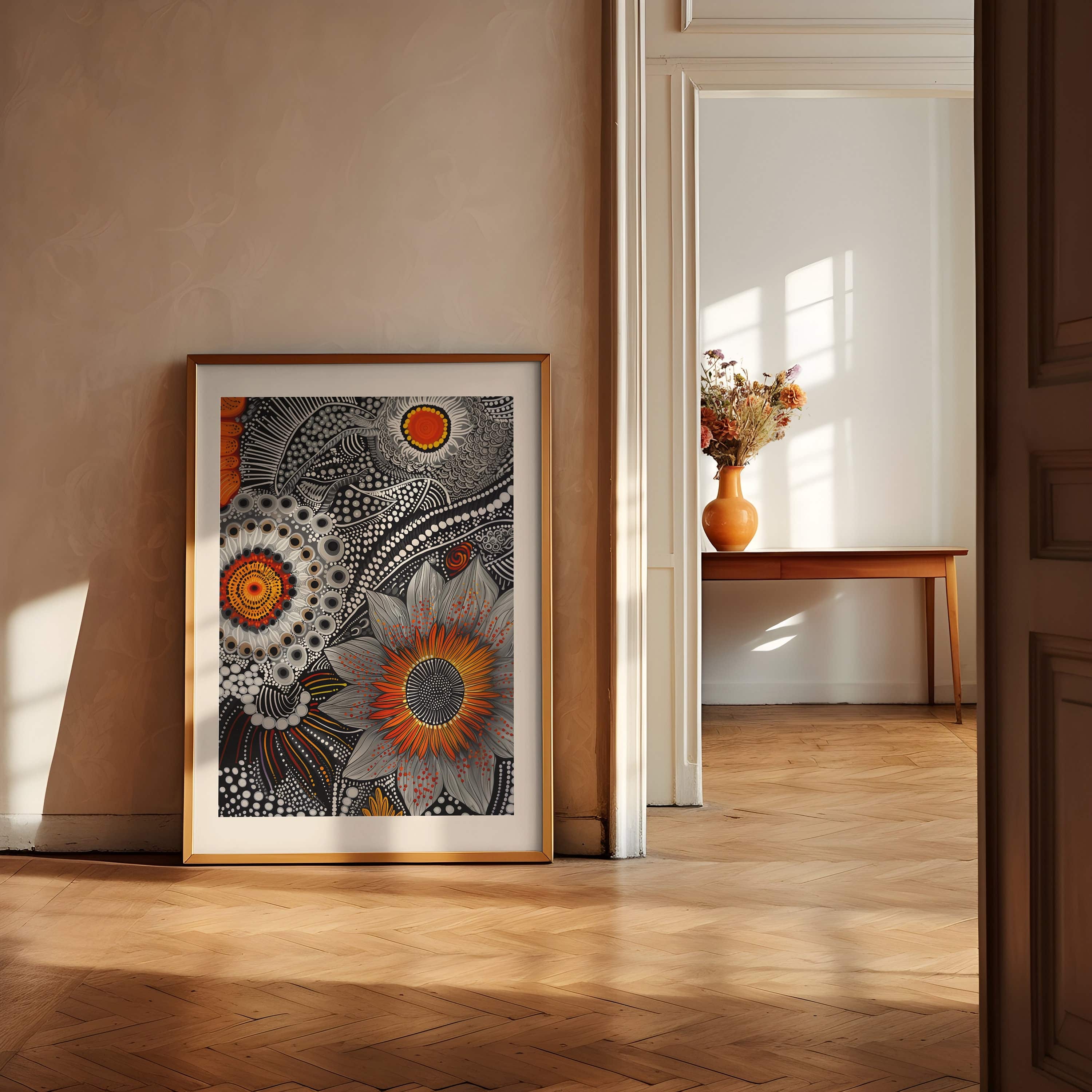 Monochrome Aboriginal Floral Print – Modern Black White Indigenous Artwork with Bright Orange Accents and Bold Dot Painting Composition - photo #7