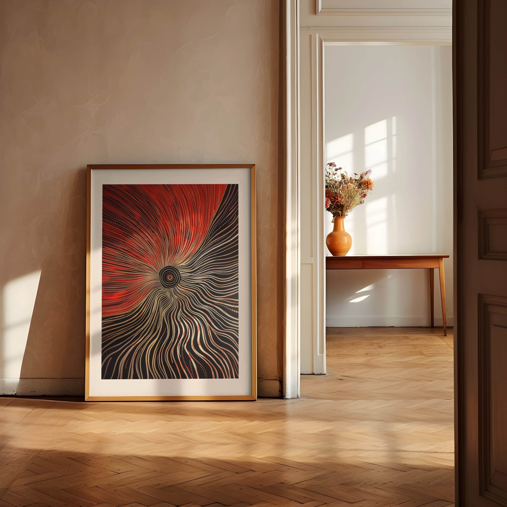 Australian Aboriginal Dot Line Artwork – Red and Black Radiating Dreamtime Spiral Print, Modern Indigenous Tribal Wall Art with Earthy Minimalism - photo #7