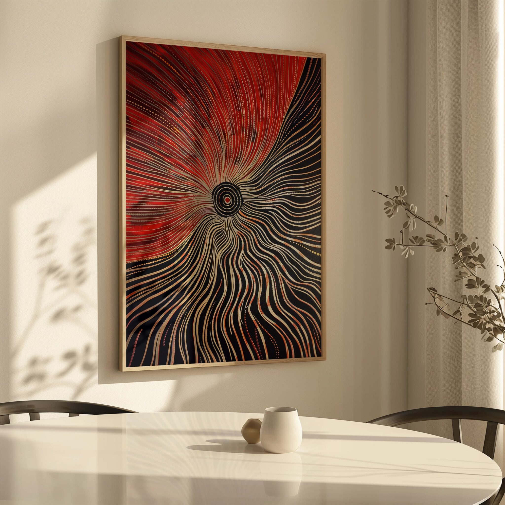 Australian Aboriginal Dot Line Artwork – Red and Black Radiating Dreamtime Spiral Print, Modern Indigenous Tribal Wall Art with Earthy Minimalism - photo #3