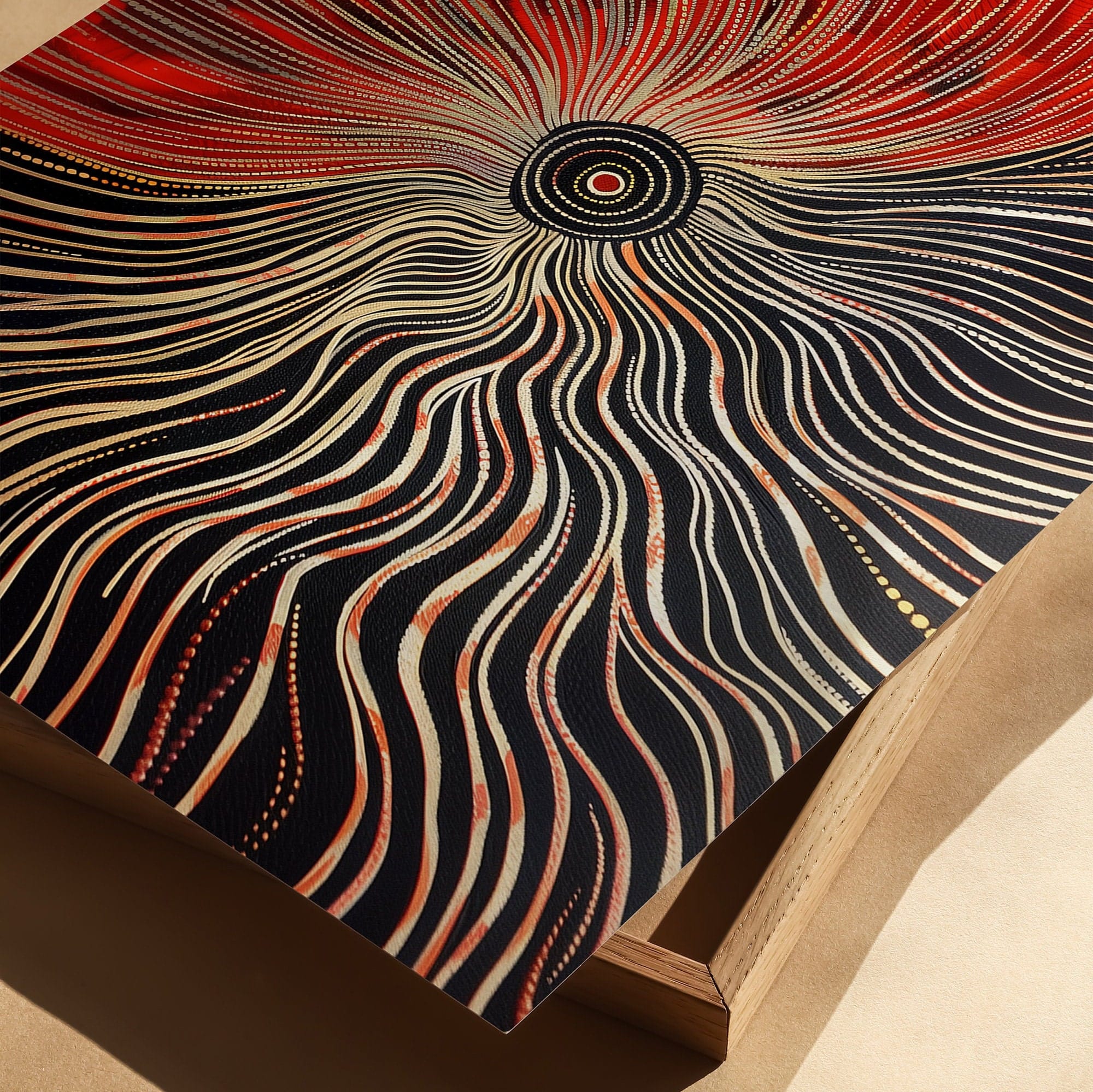 Australian Aboriginal Dot Line Artwork – Red and Black Radiating Dreamtime Spiral Print, Modern Indigenous Tribal Wall Art with Earthy Minimalism - photo #1