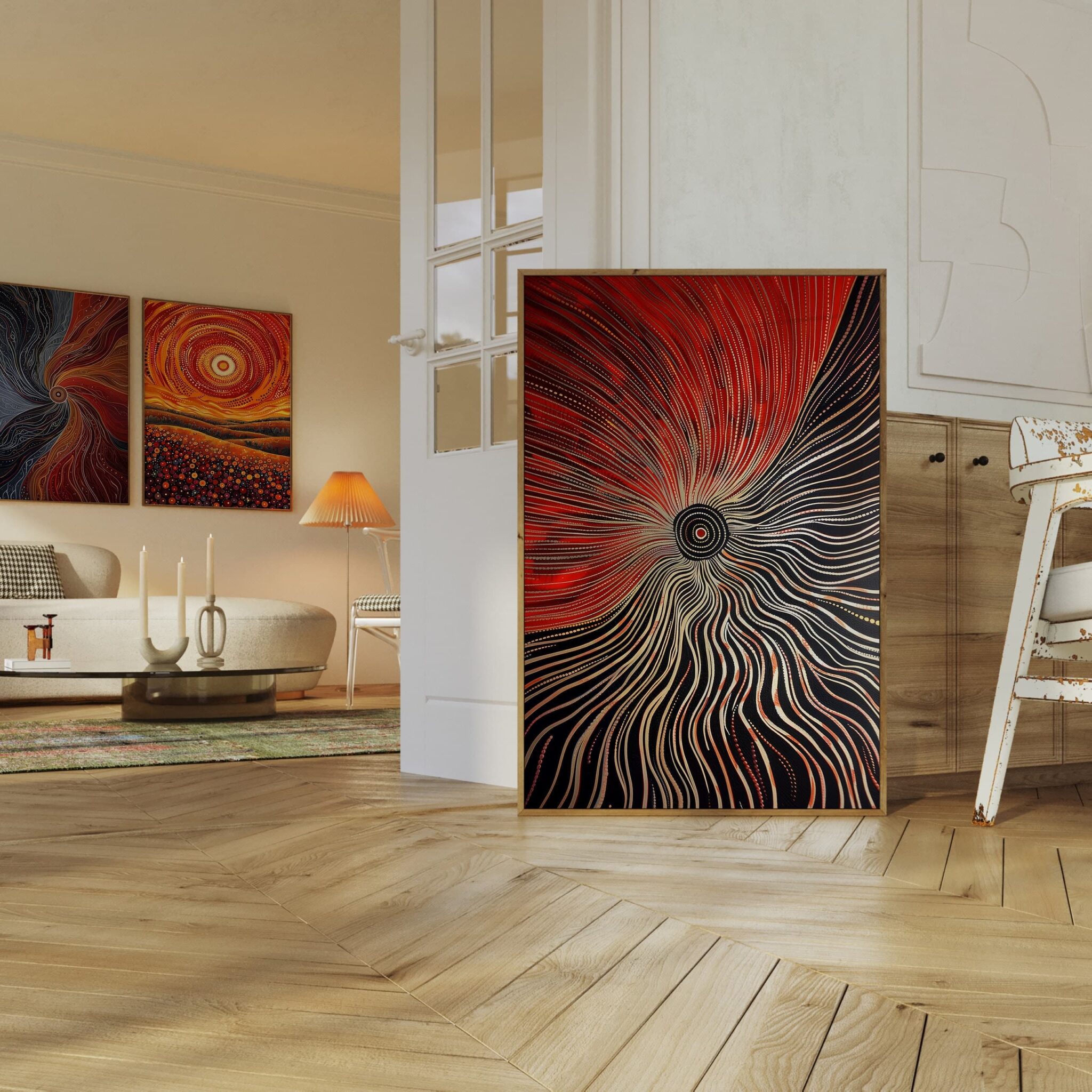 Australian Aboriginal Dot Line Artwork – Red and Black Radiating Dreamtime Spiral Print, Modern Indigenous Tribal Wall Art with Earthy Minimalism - photo #6