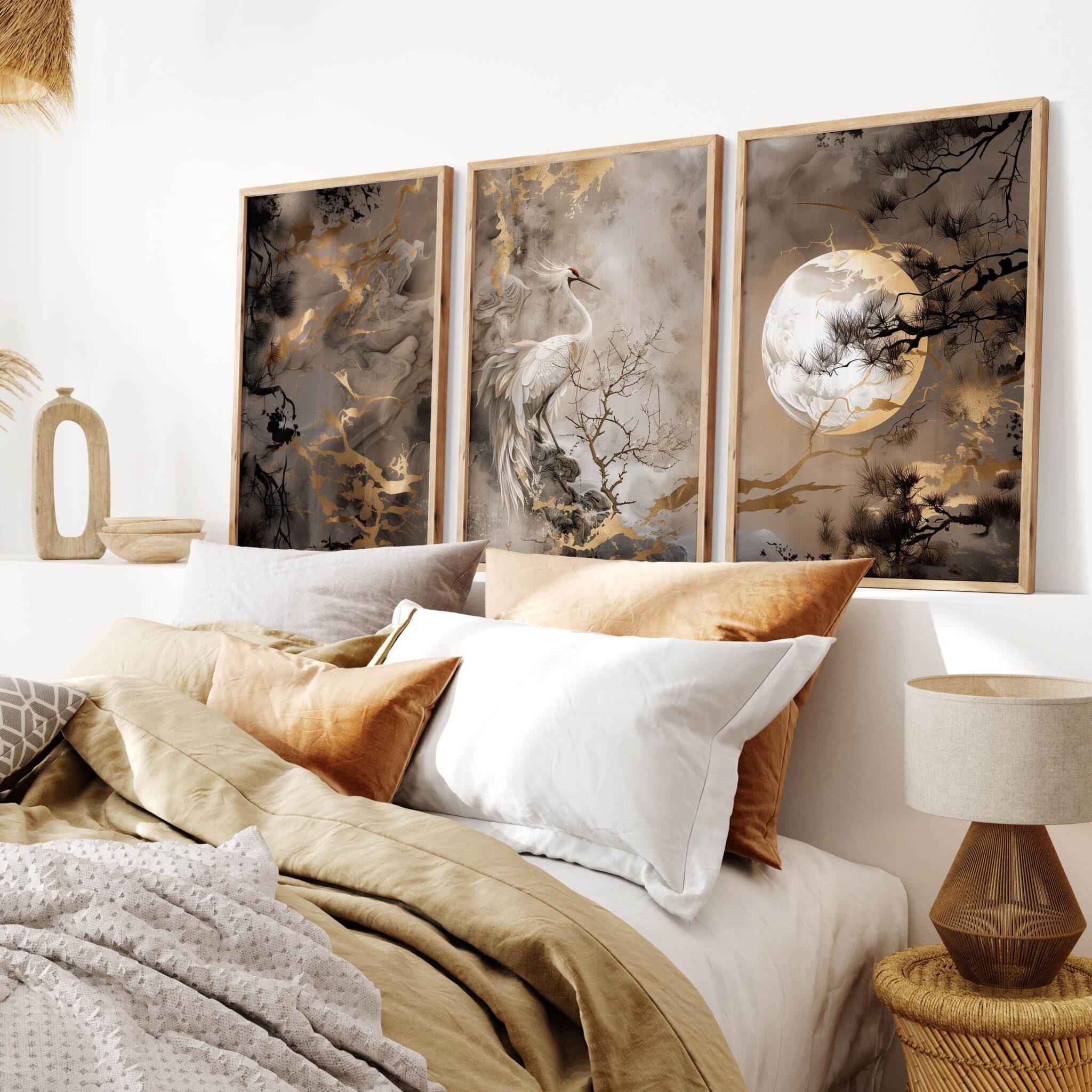 Elegant Crane Print Set of 3 – Japanese-Inspired Minimalist Triptych with Moon, Mist & Golden Accents – Wall Art for Bedrooms or Studios - photo #8