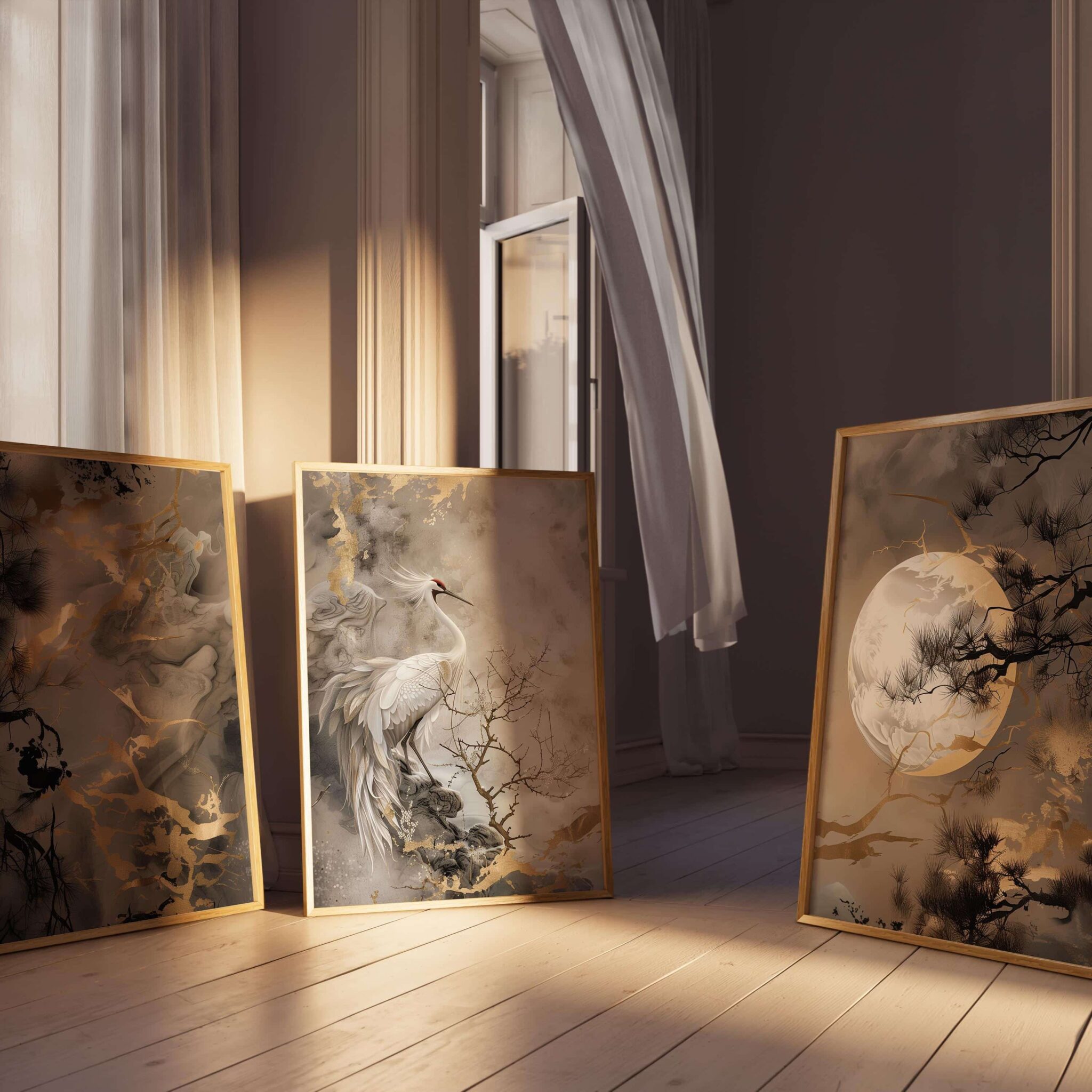 Elegant Crane Print Set of 3 – Japanese-Inspired Minimalist Triptych with Moon, Mist & Golden Accents – Wall Art for Bedrooms or Studios - photo #2