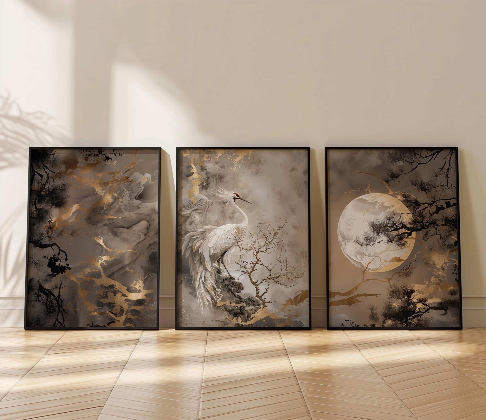 Elegant Crane Print Set of 3 – Japanese-Inspired Minimalist Triptych with Moon, Mist & Golden Accents – Wall Art for Bedrooms or Studios - photo #4