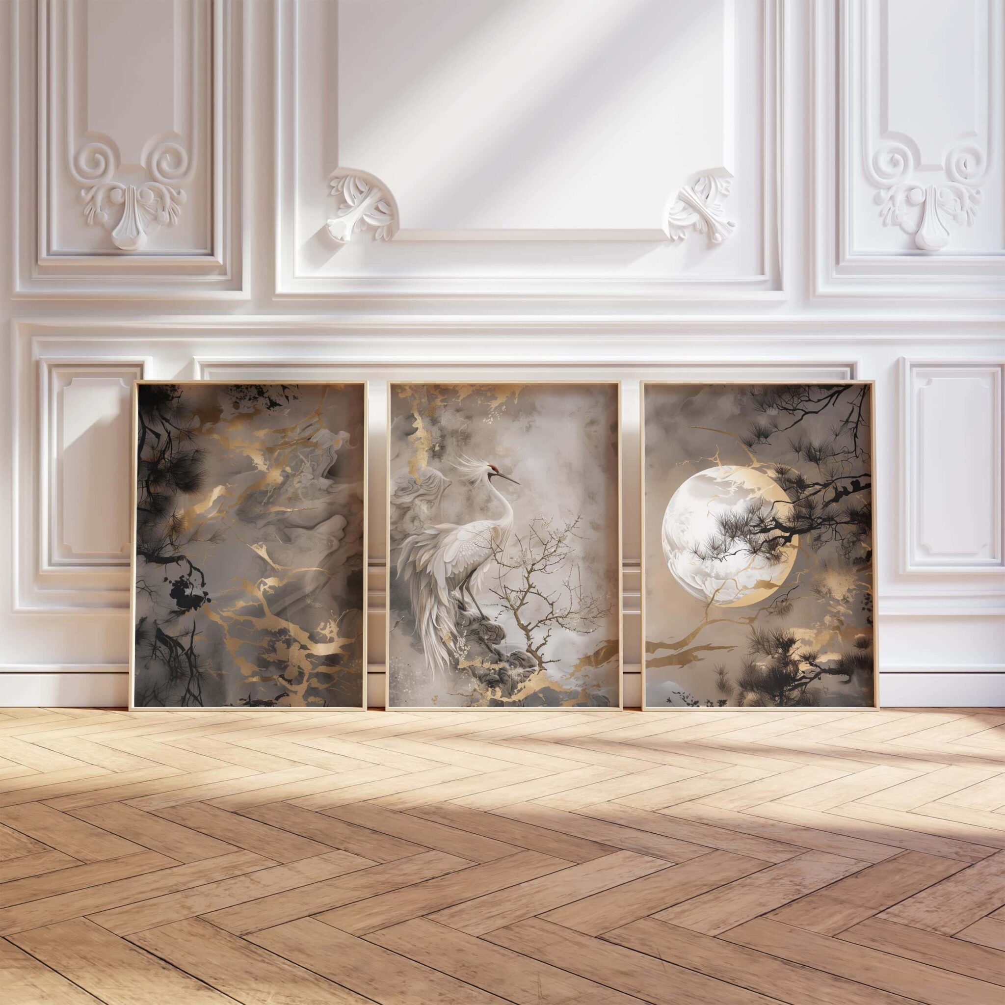 Elegant Crane Print Set of 3 – Japanese-Inspired Minimalist Triptych with Moon, Mist & Golden Accents – Wall Art for Bedrooms or Studios - photo #7