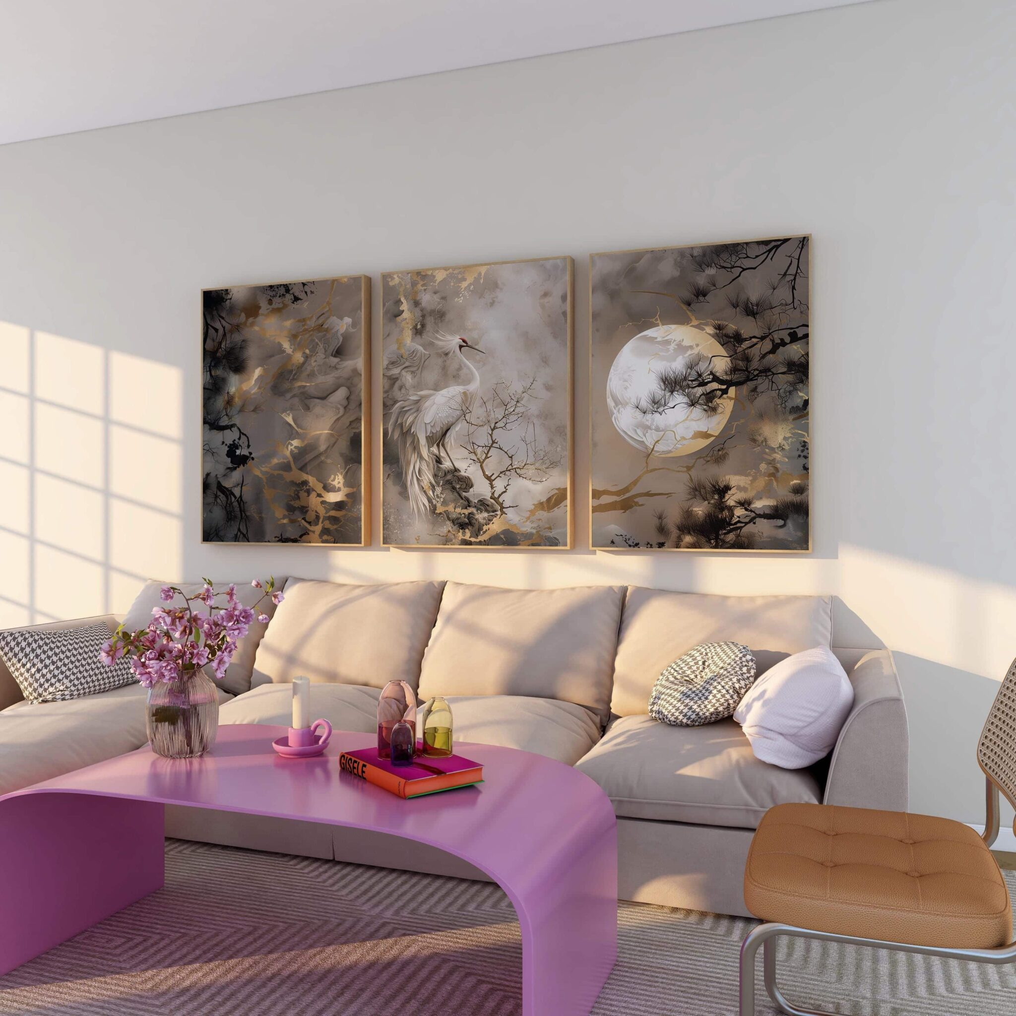 Elegant Crane Print Set of 3 – Japanese-Inspired Minimalist Triptych with Moon, Mist & Golden Accents – Wall Art for Bedrooms or Studios - photo #3