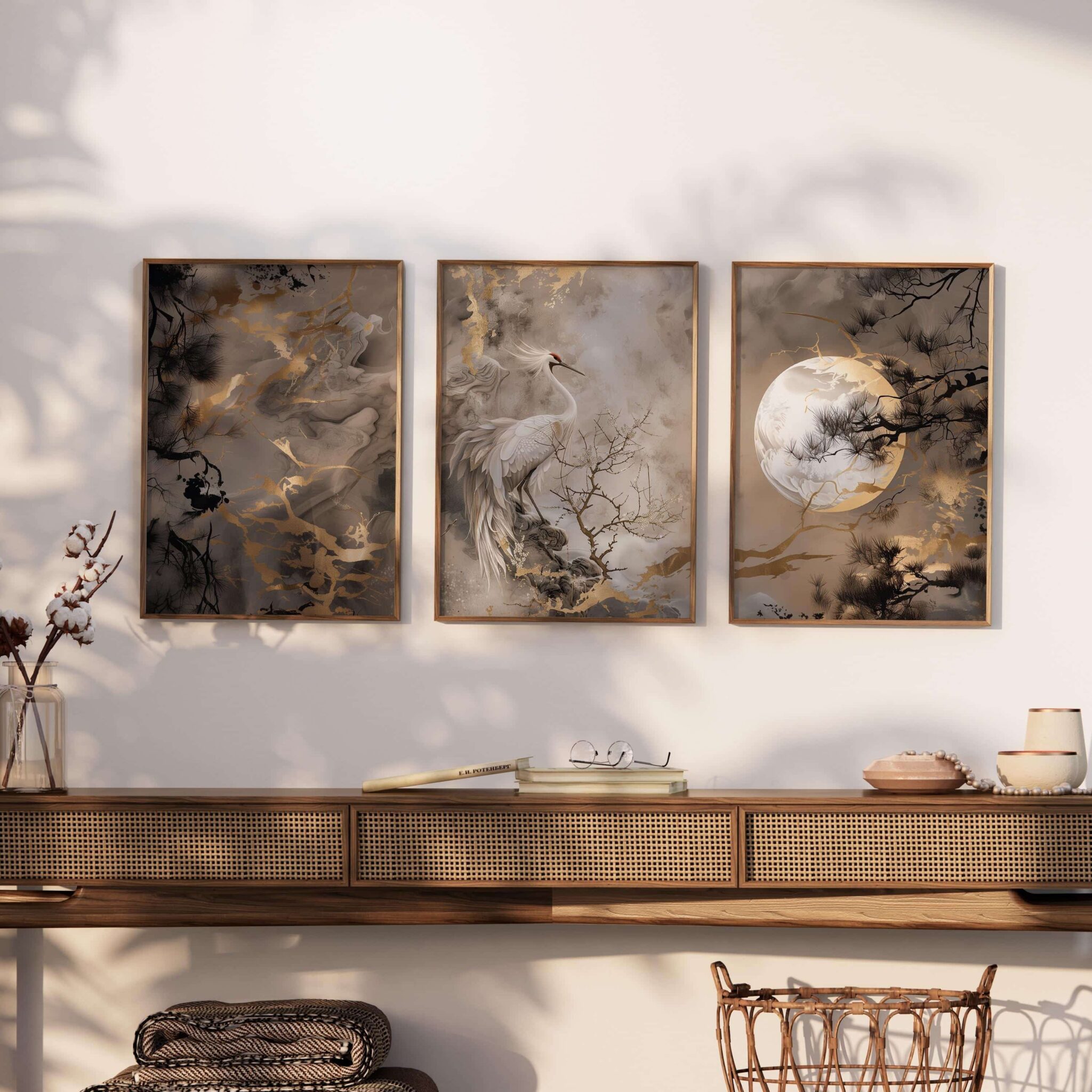 Elegant Crane Print Set of 3 – Japanese-Inspired Minimalist Triptych with Moon, Mist & Golden Accents – Wall Art for Bedrooms or Studios - photo #9