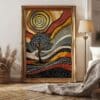 Australian Aboriginal Landscape Wall Art – Tree and Sun Symbolism in Dot Painting Style for Earthy Modern Decor, Golden Accents Print Artwork