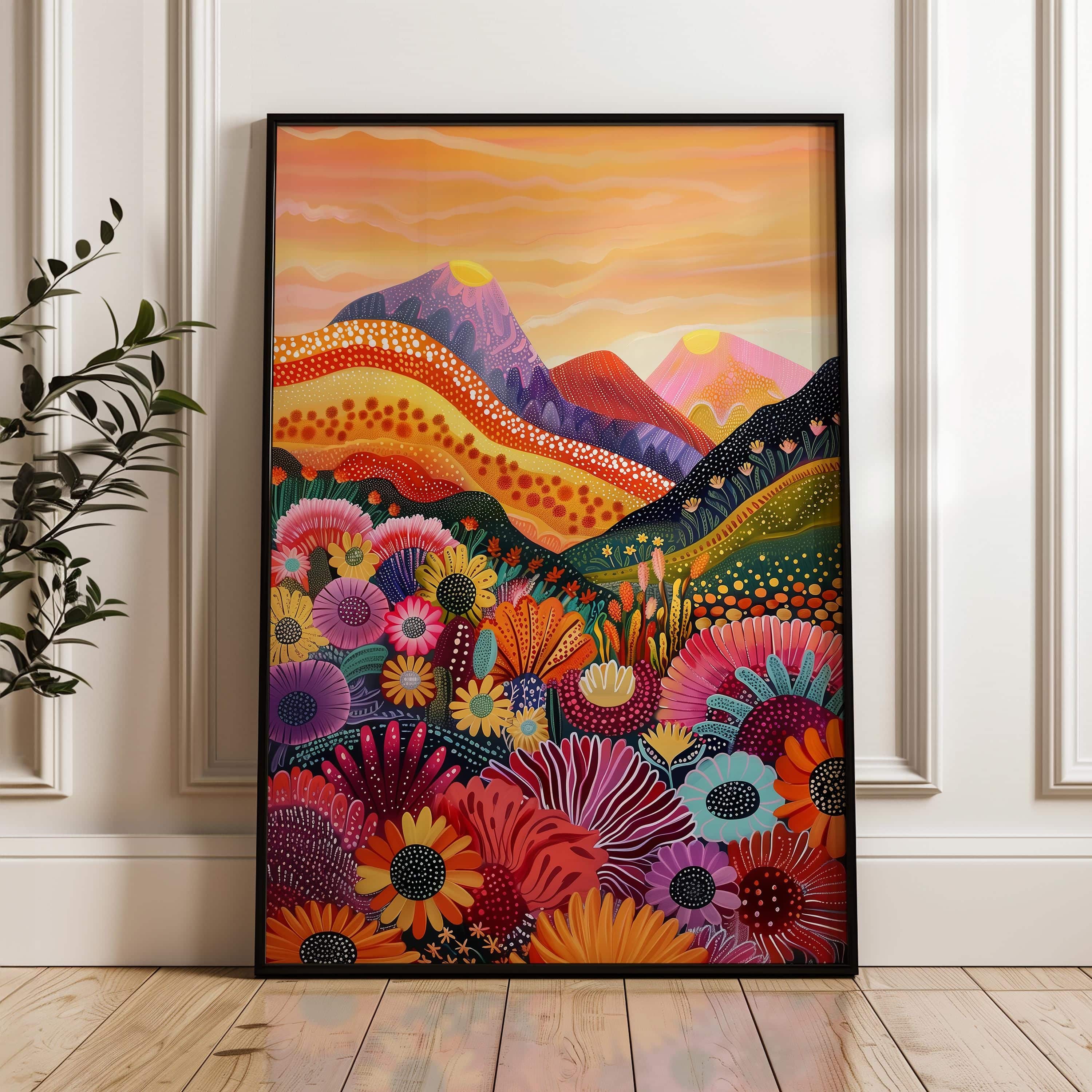 Maximalist Sunset Flower Field Print – Bold Abstract Landscape with Vibrant Florals, Rolling Hills Wall Decor and Colorful Dopamine-Inspired Nature Art - photo #1