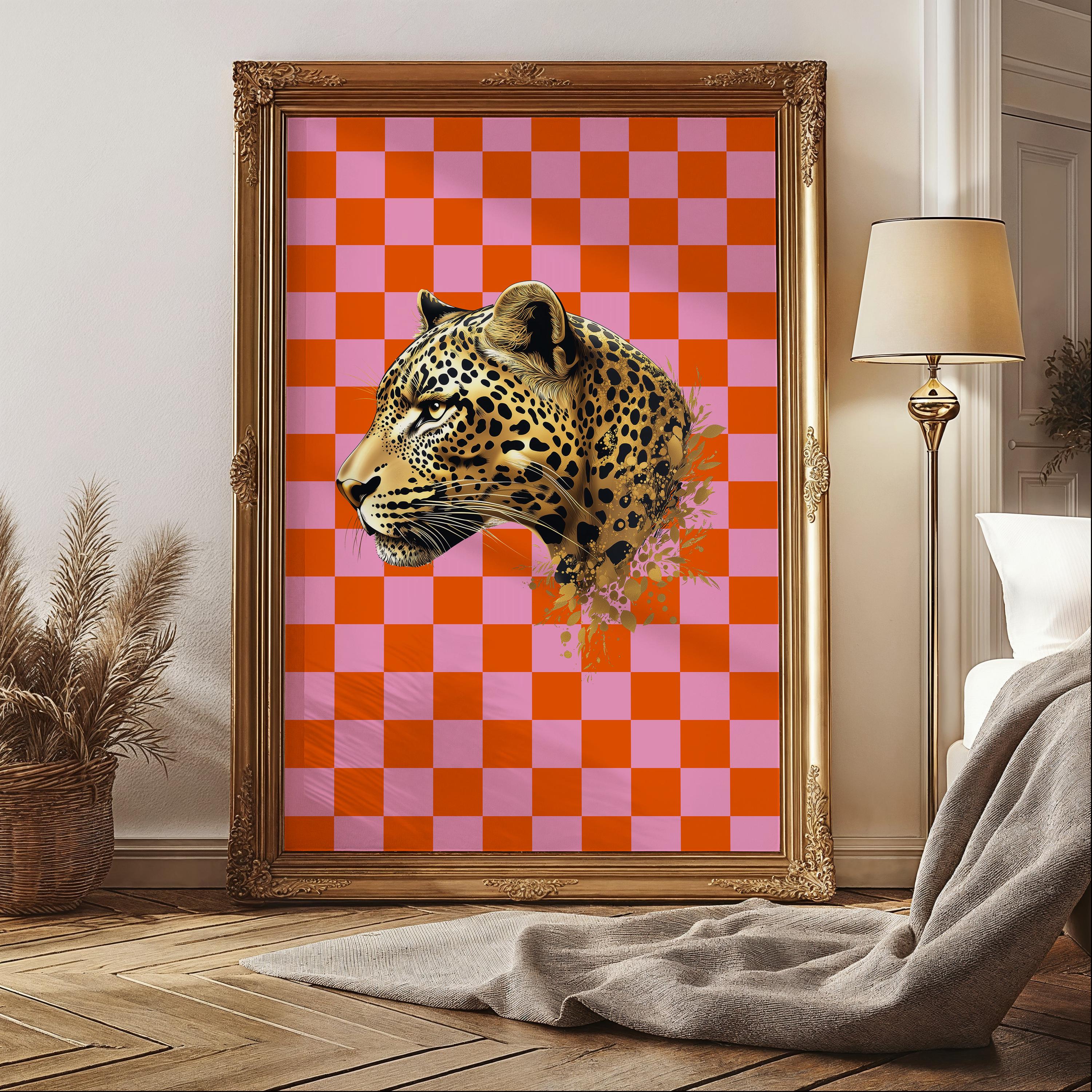 Jungle Cheetah Cat Dopamine Poster – Leopard Portrait on Retro Checkered Background for Eclectic Home Wall Art and Maximalist Jungle Vibes - photo #3