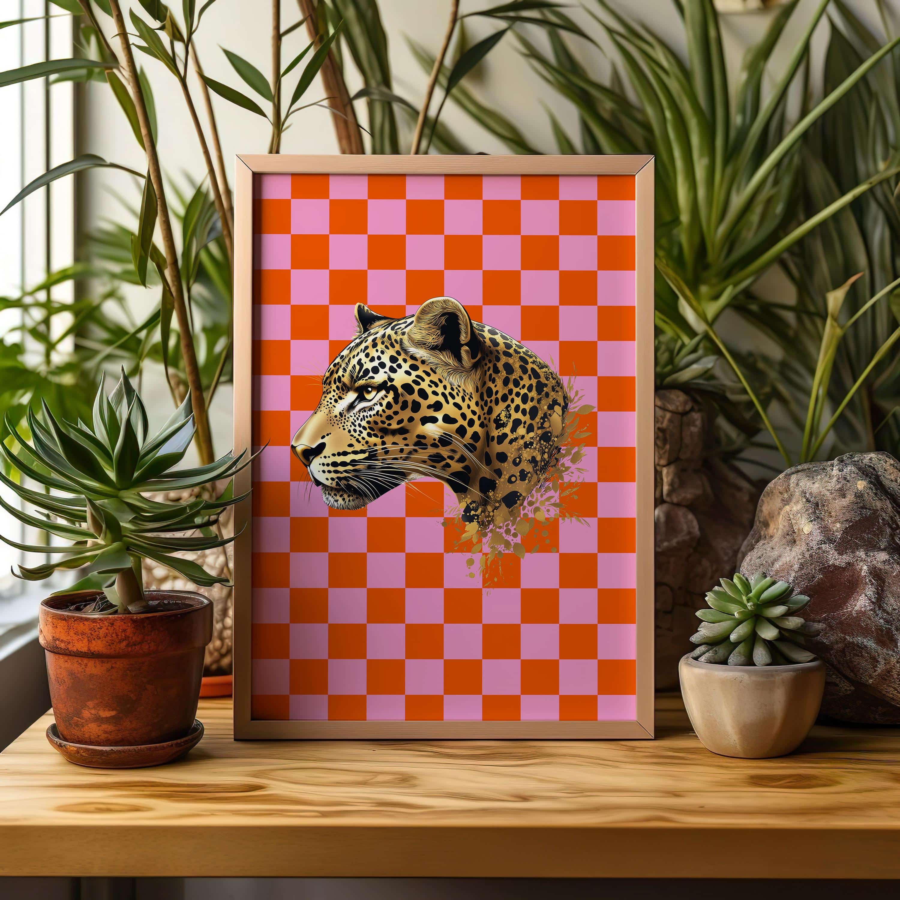 Jungle Cheetah Cat Dopamine Poster – Leopard Portrait on Retro Checkered Background for Eclectic Home Wall Art and Maximalist Jungle Vibes - photo #4