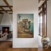 Vintage Portuguese Sardines Canvas – Whimsical Singing Fish Wall Art with Retro Pier Scene, Coastal Decor for Kitchen or Seaside Cottage