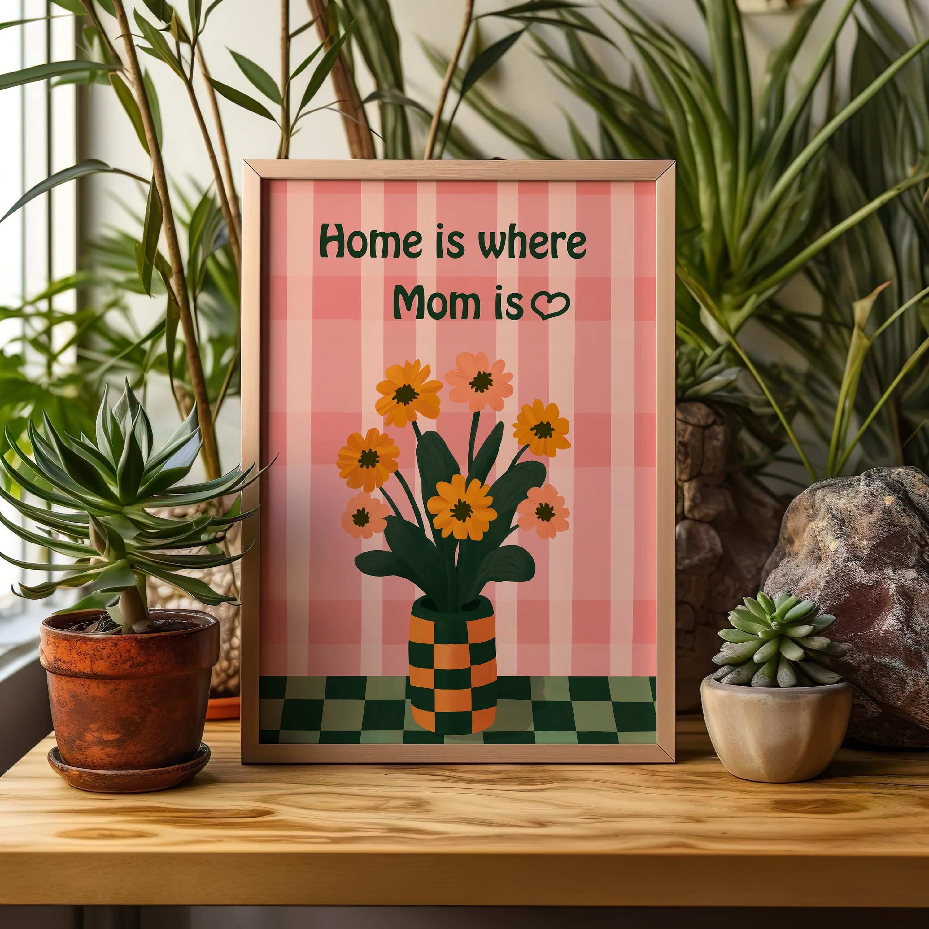 Personalized Floral Wall Art – Write Your Text on Print – Orange Flowers on Pink Plaid Background Artwork – Unique Gift for Mom or Loved One - photo #4