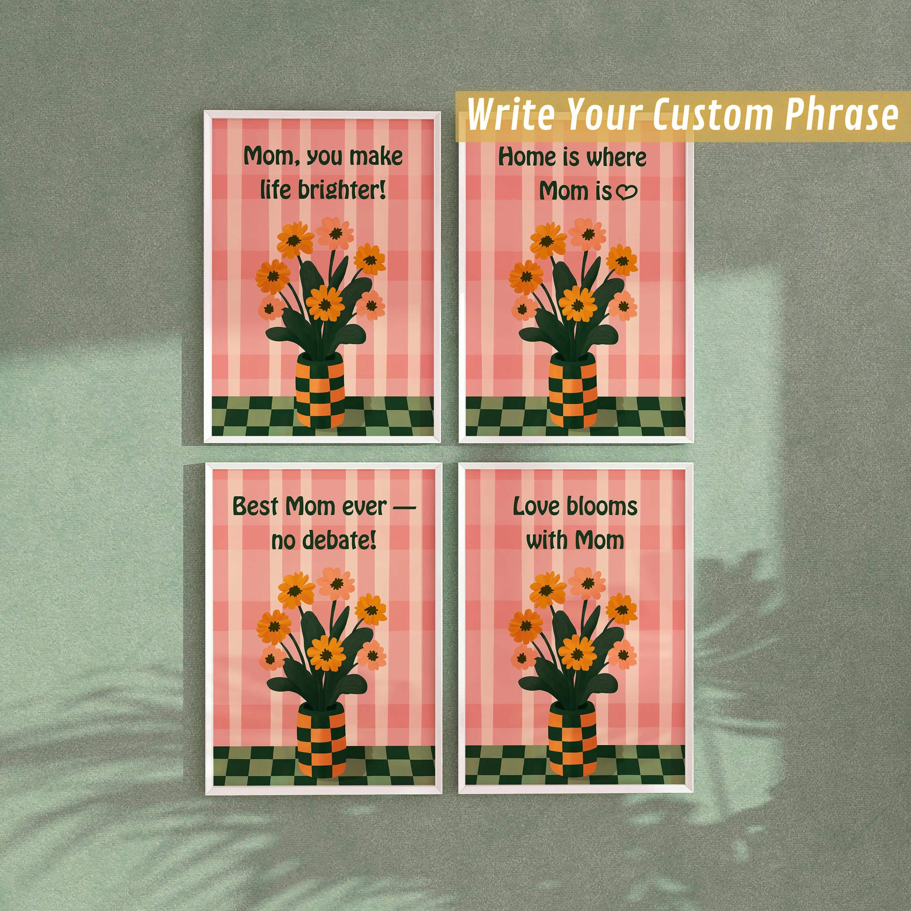 Personalized Floral Wall Art – Write Your Text on Print – Orange Flowers on Pink Plaid Background Artwork – Unique Gift for Mom or Loved One - photo #1