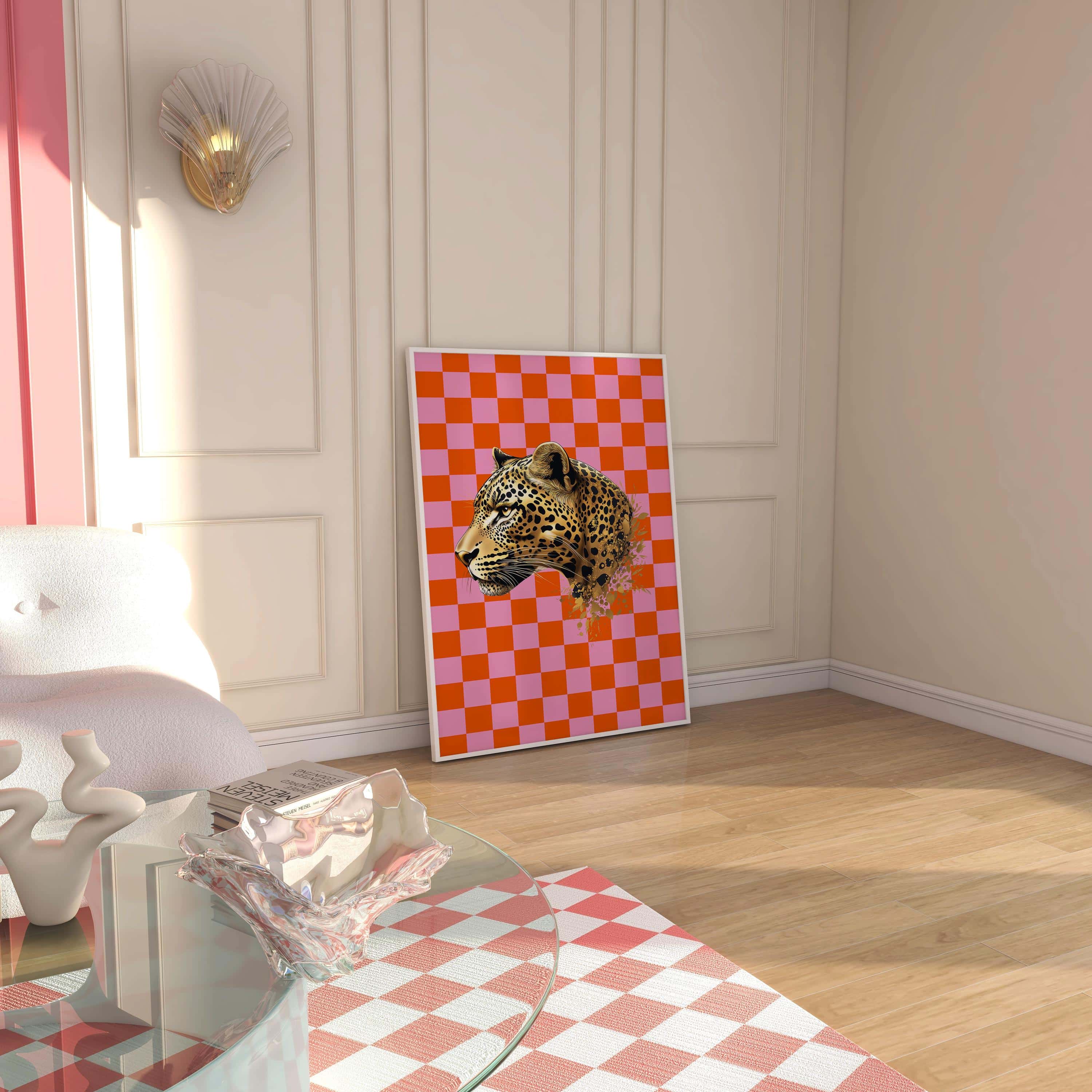 Jungle Cheetah Cat Dopamine Poster – Leopard Portrait on Retro Checkered Background for Eclectic Home Wall Art and Maximalist Jungle Vibes - photo #2