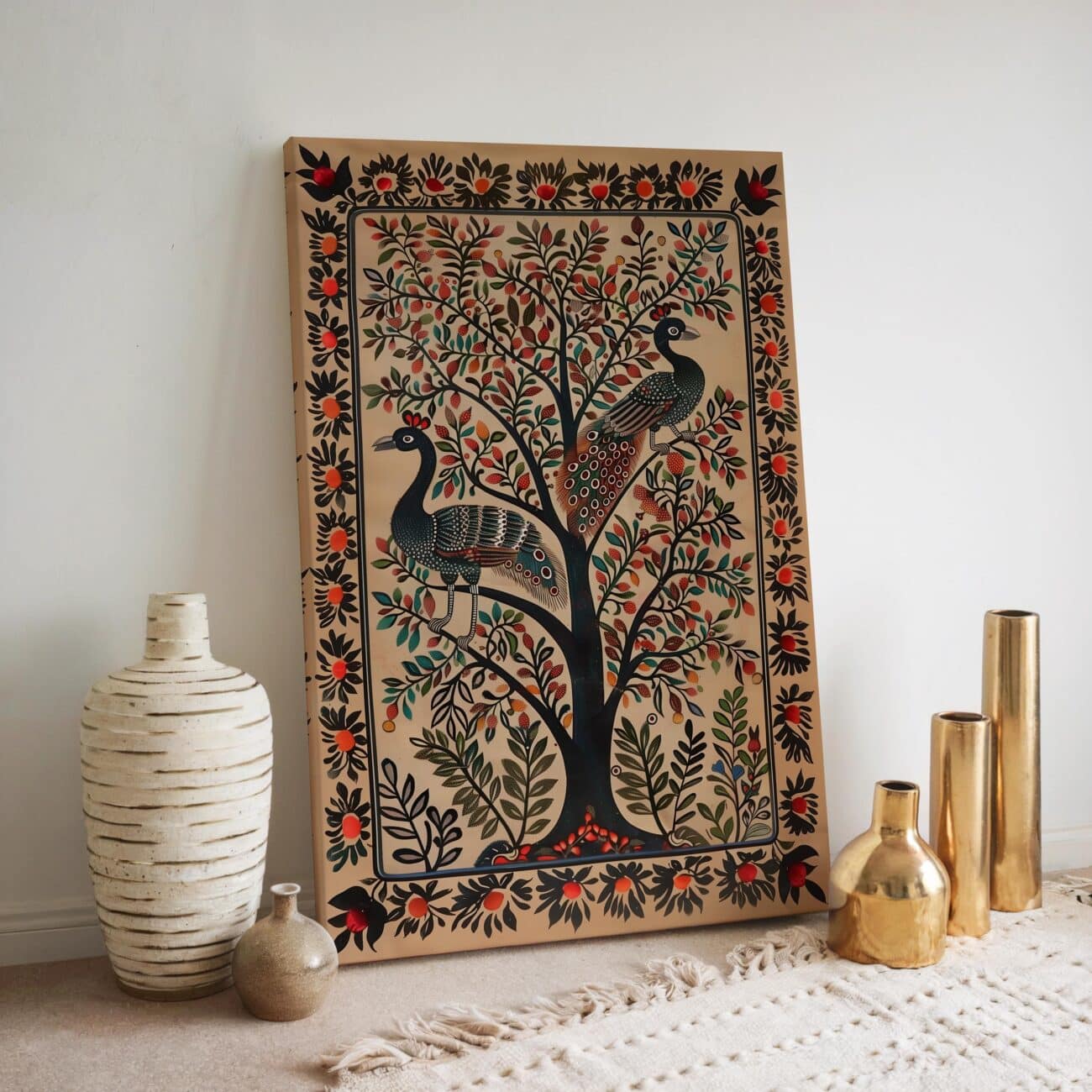 Madhubani Peacock Canvas – Indian Folk Wall Art