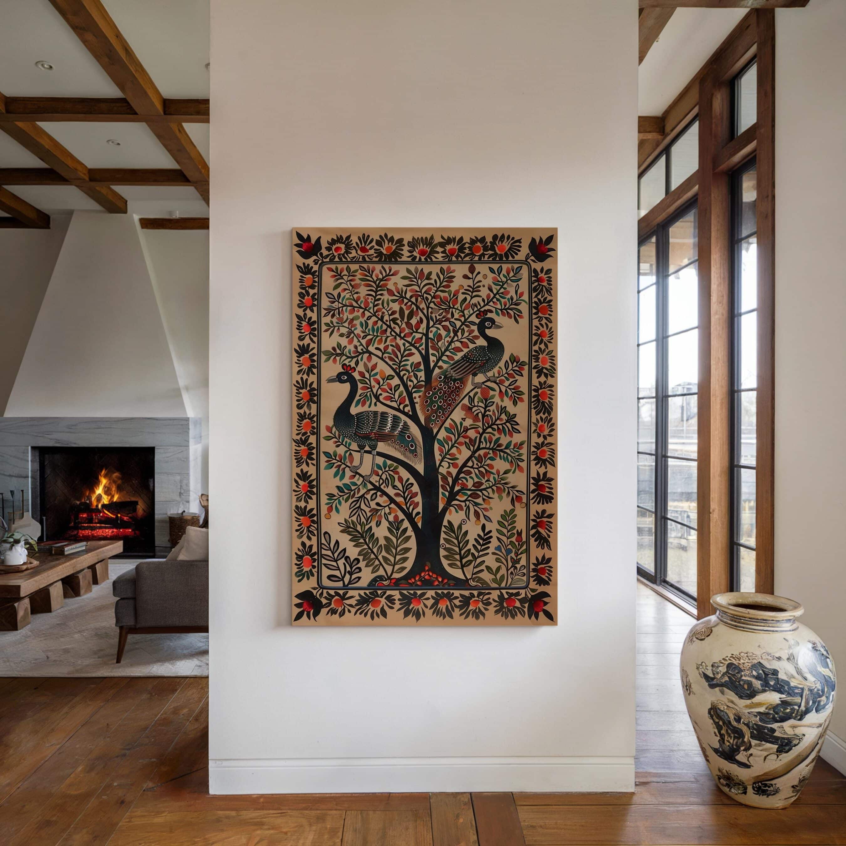 Madhubani Peacock Canvas – Indian Folk Wall Art