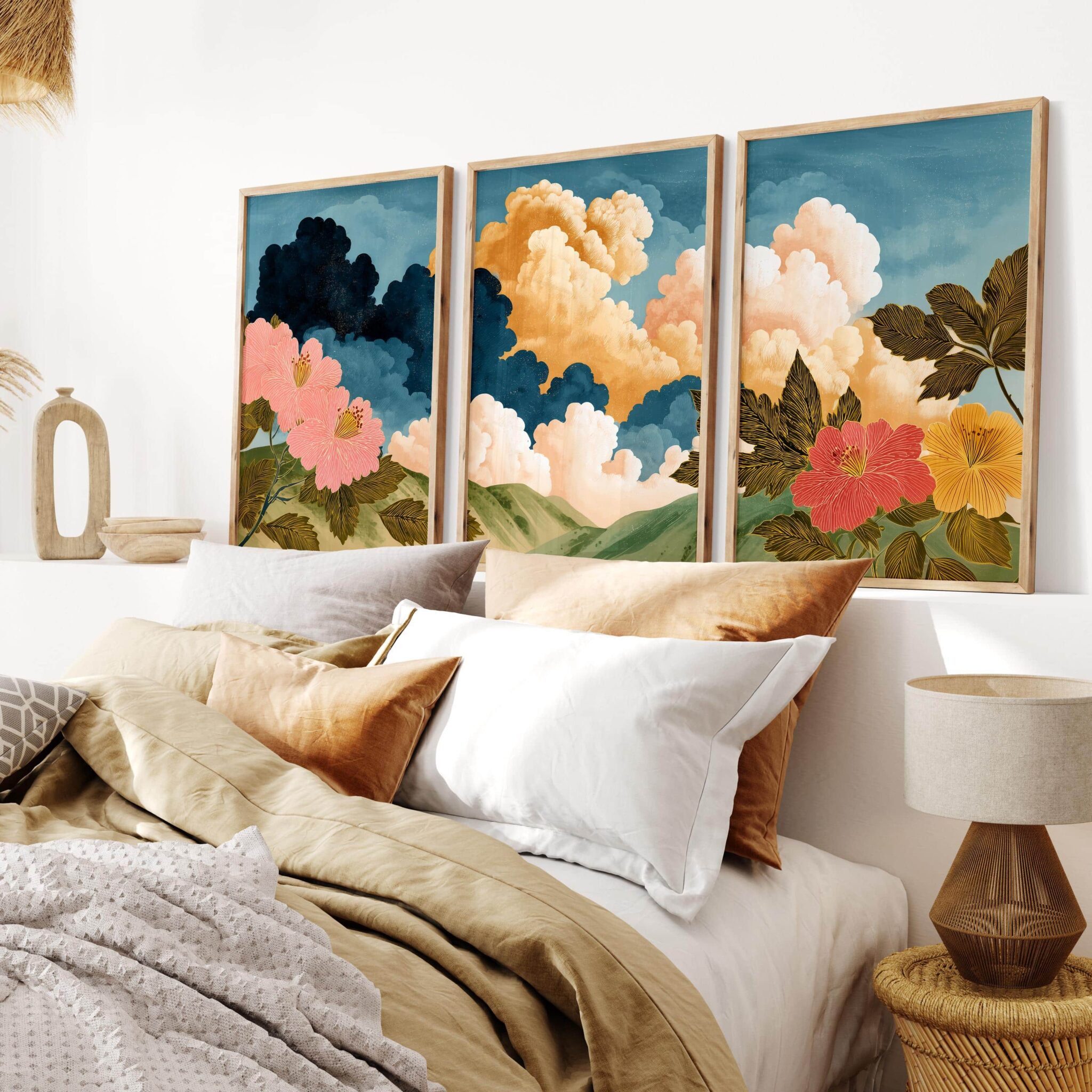 Cloud and Floral Set of 3 Prints – Dreamy 3-Piece Wall Art with Bold Flowers and Colorful Sky, Triptych Modern Nature-Inspired Landscape Artwork - photo #2