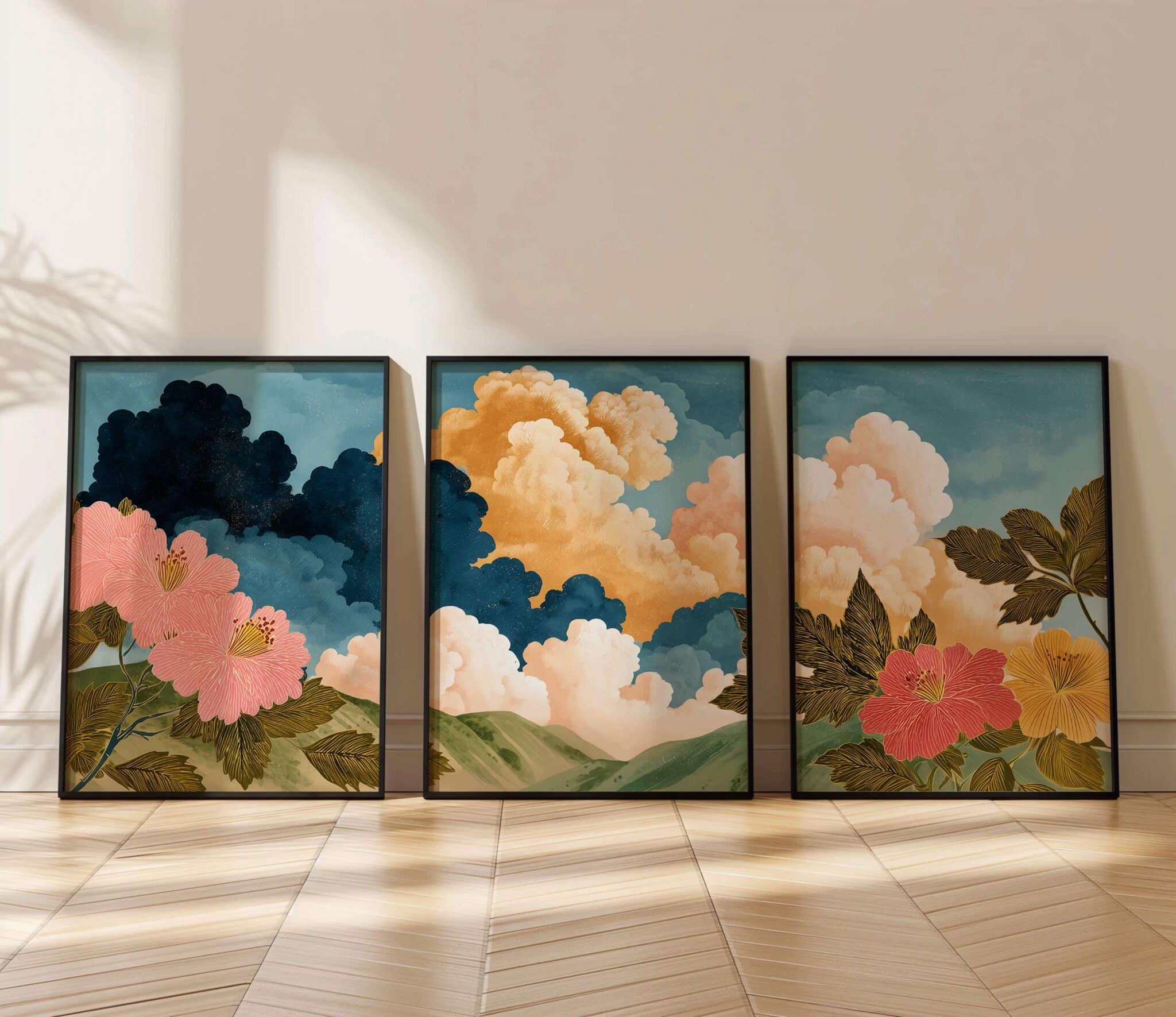 Cloud and Floral Set of 3 Prints – Dreamy 3-Piece Wall Art with Bold Flowers and Colorful Sky, Triptych Modern Nature-Inspired Landscape Artwork - photo #4
