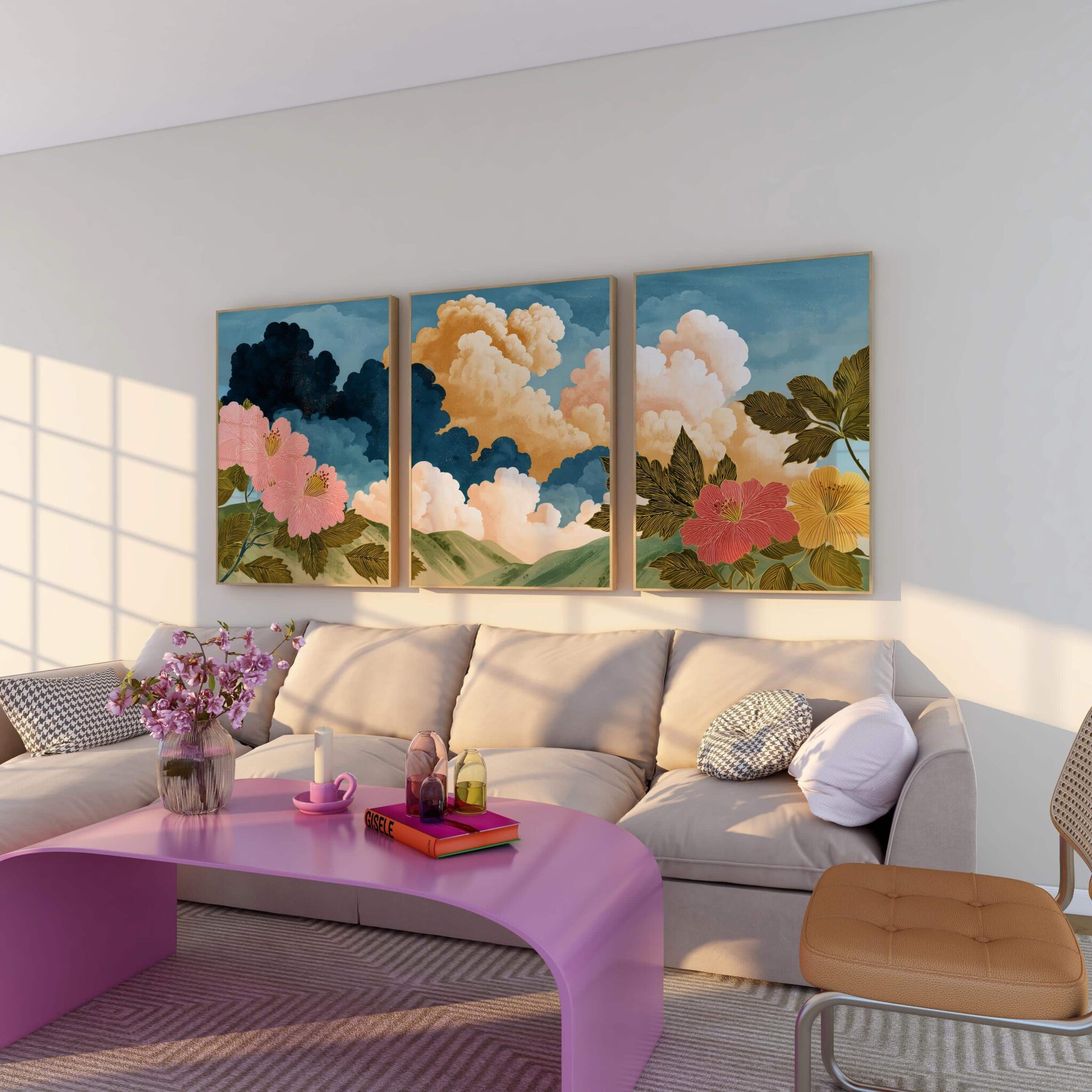 Cloud and Floral Set of 3 Prints – Dreamy 3-Piece Wall Art with Bold Flowers and Colorful Sky, Triptych Modern Nature-Inspired Landscape Artwork - photo #9