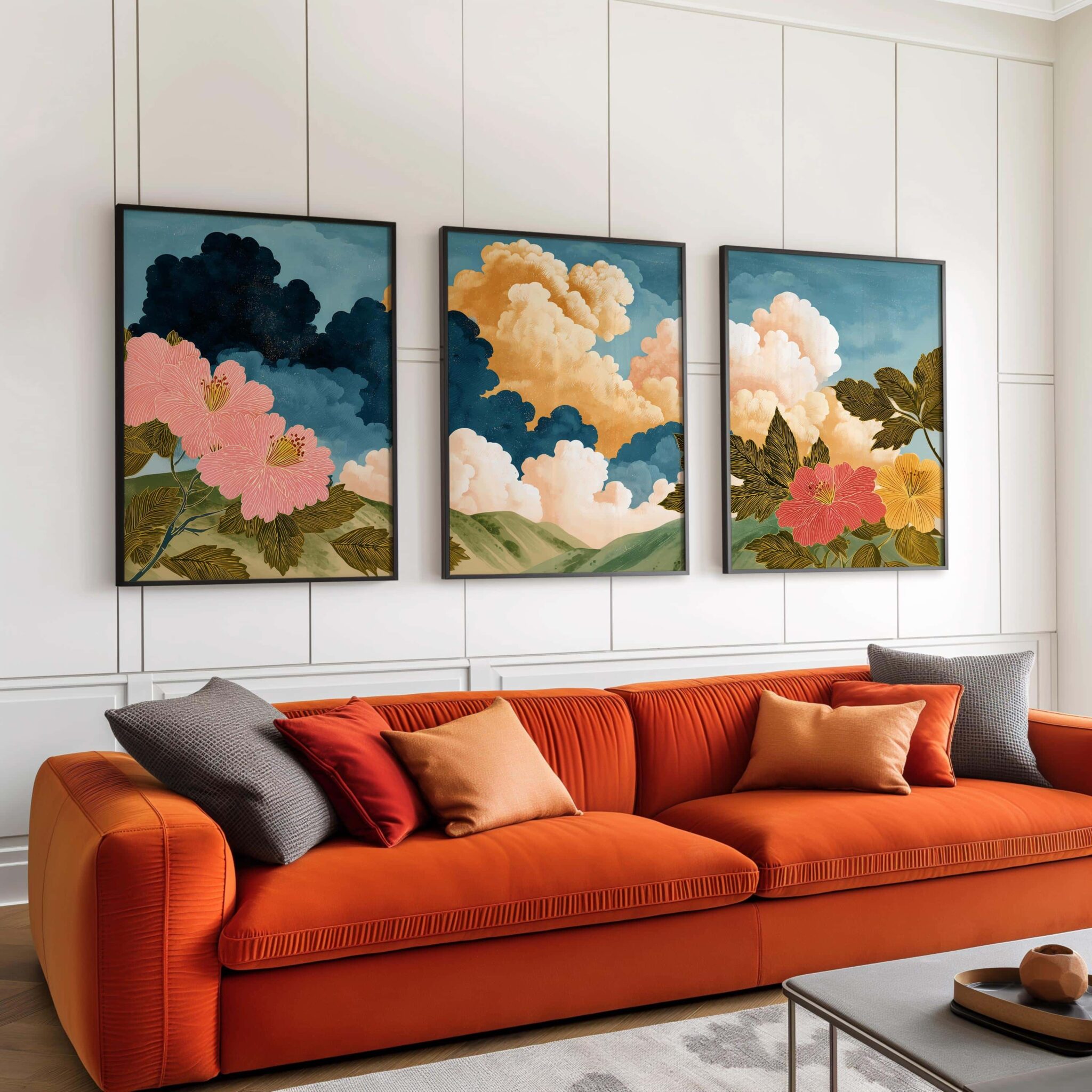 Cloud and Floral Set of 3 Prints – Dreamy 3-Piece Wall Art with Bold Flowers and Colorful Sky, Triptych Modern Nature-Inspired Landscape Artwork - photo #3