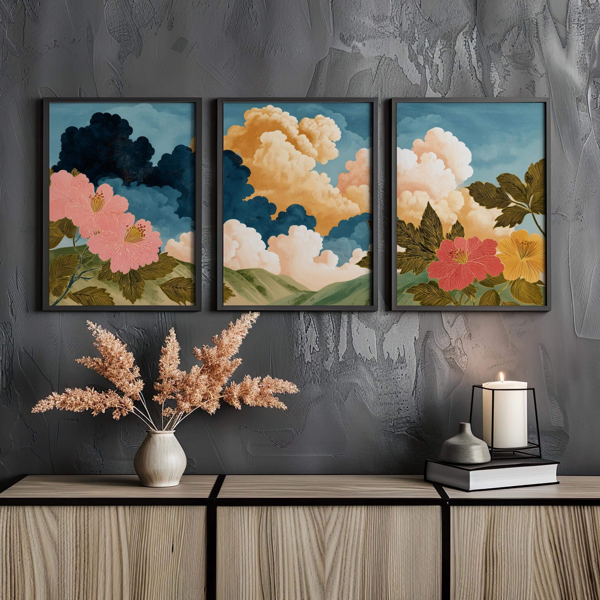 Cloud and Floral Set of 3 Prints – Dreamy 3-Piece Wall Art with Bold Flowers and Colorful Sky, Triptych Modern Nature-Inspired Landscape Artwork - photo #7