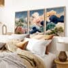 Cloud and Pine Tree Print Set of 3 – 3-Piece Wall Art with Flying Birds and Dreamy Sky, Triptych Asian-Inspired Landscape Artwork Poster Series