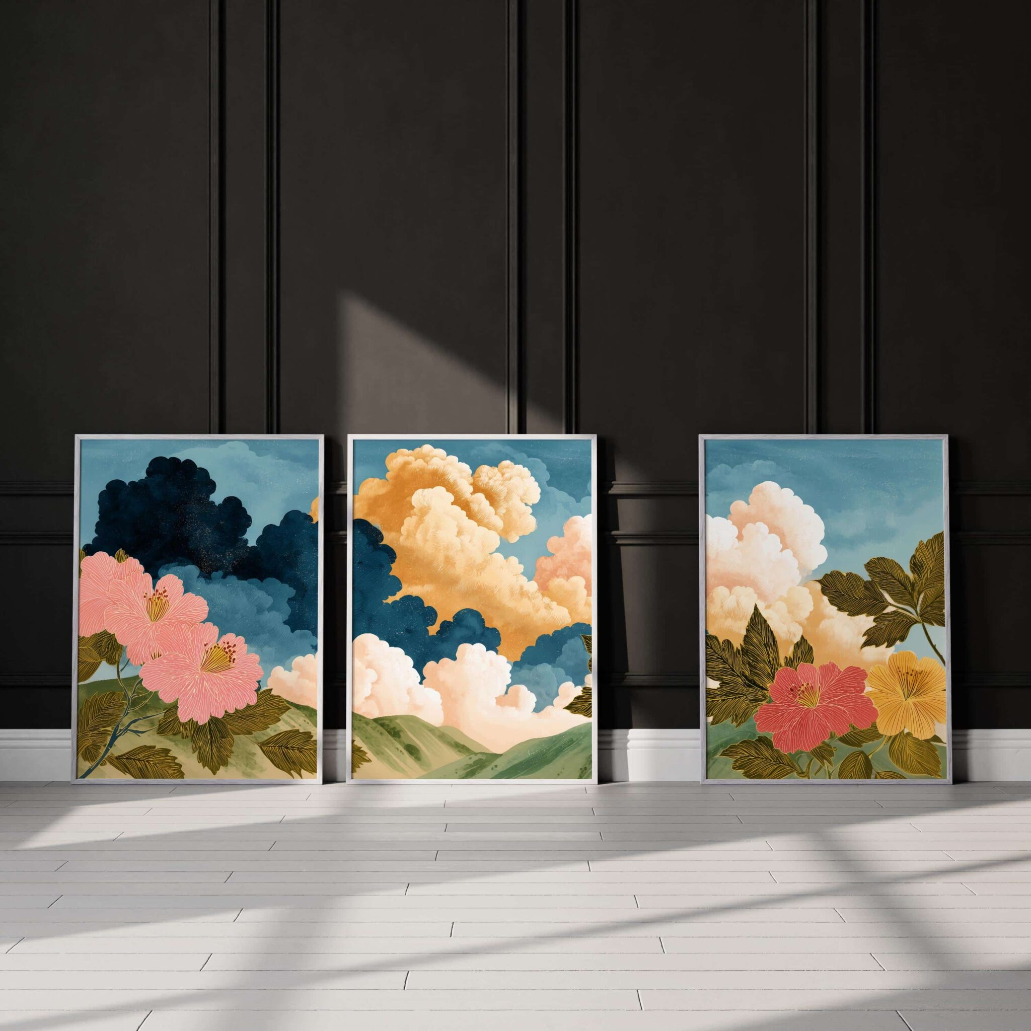 Cloud and Floral Set of 3 Prints – Dreamy 3-Piece Wall Art with Bold Flowers and Colorful Sky, Triptych Modern Nature-Inspired Landscape Artwork - photo #10