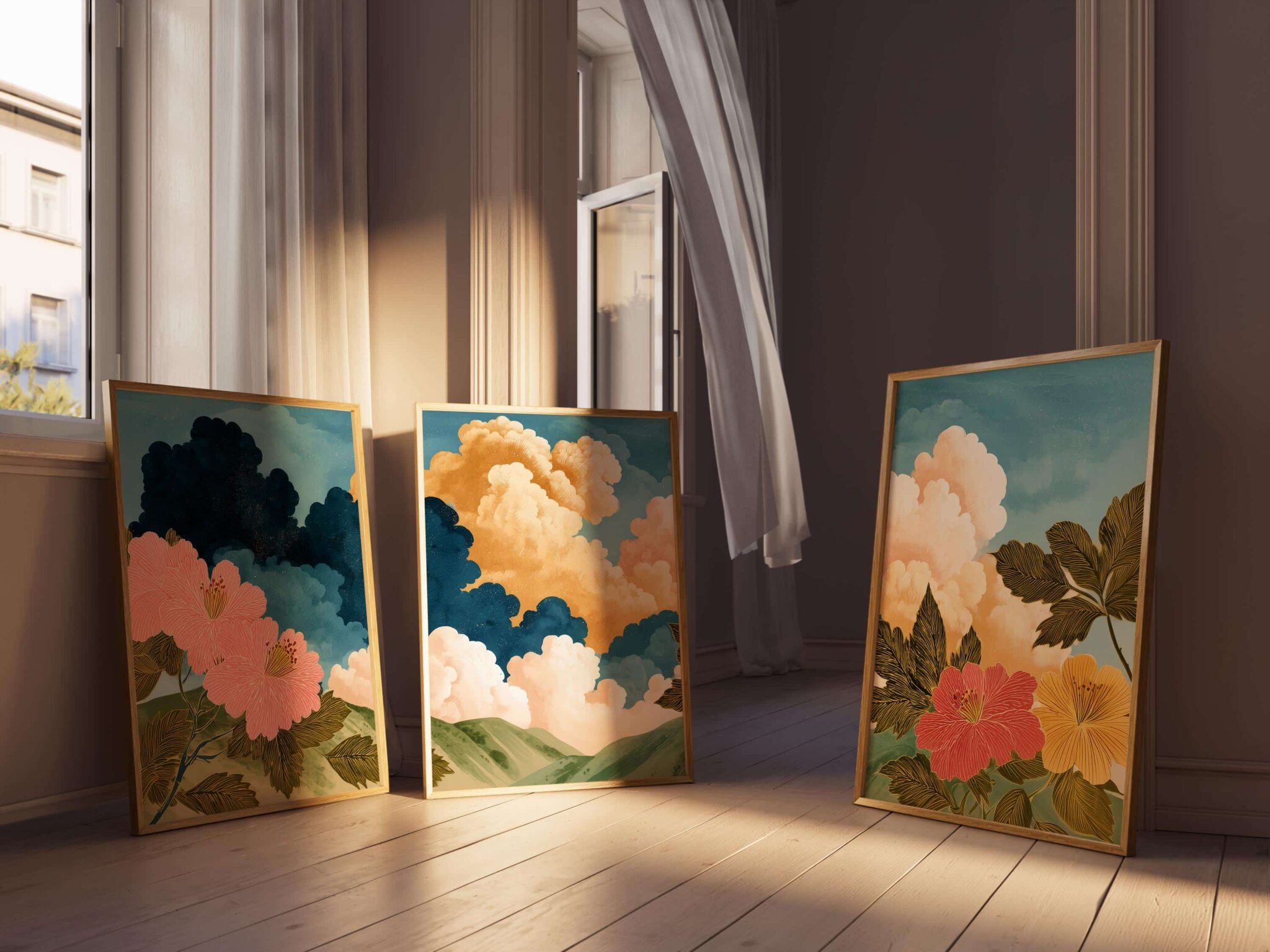 Cloud and Floral Set of 3 Prints – Dreamy 3-Piece Wall Art with Bold Flowers and Colorful Sky, Triptych Modern Nature-Inspired Landscape Artwork - photo #8