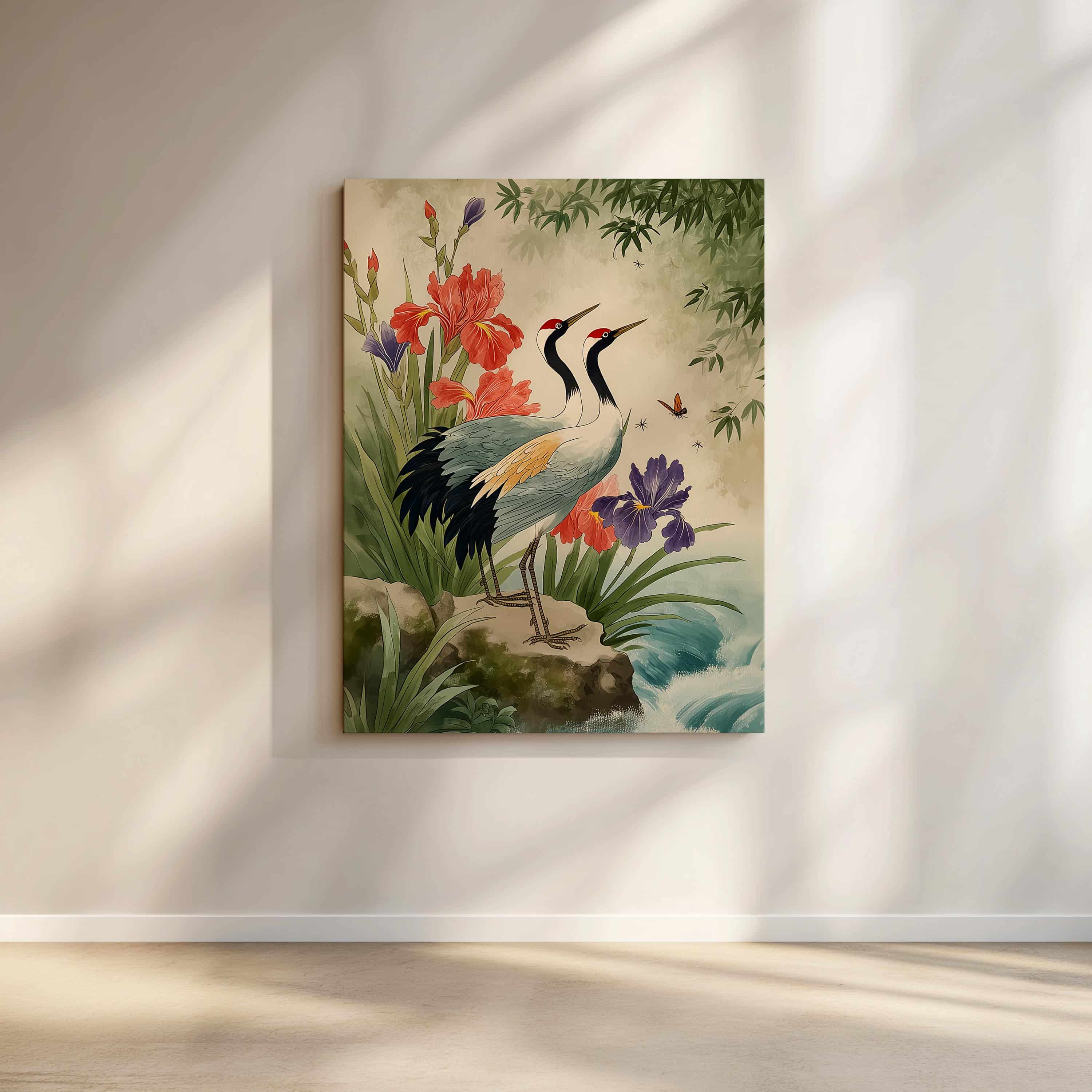Summer Crane Triptych Canvas Wall Decor – Japanese-Inspired Art Panels with Cranes, Bamboo, and Irises for a Peaceful, Asian-Inspired Living Space - photo #5