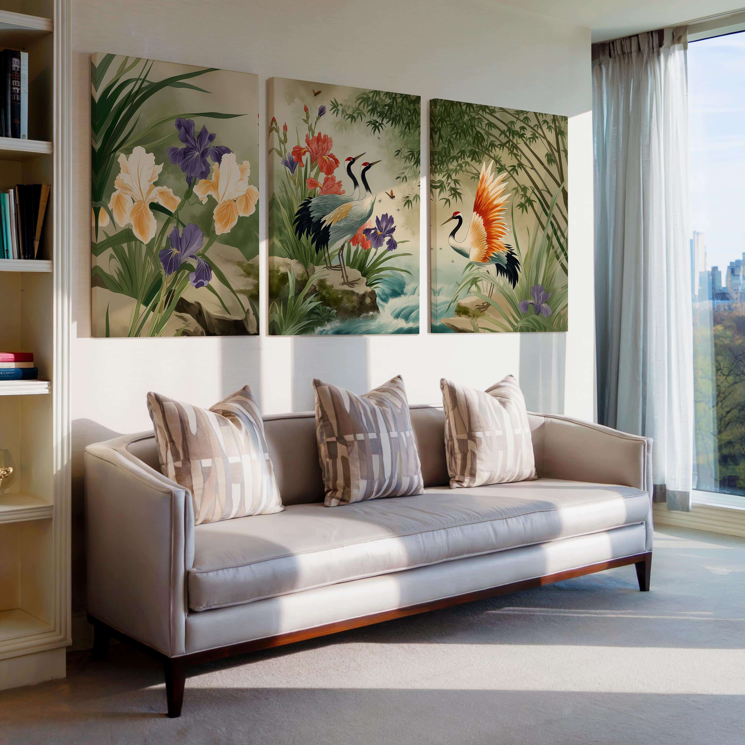 Summer Crane Triptych Canvas Wall Decor – Japanese-Inspired Art Panels with Cranes, Bamboo, and Irises for a Peaceful, Asian-Inspired Living Space - photo #2