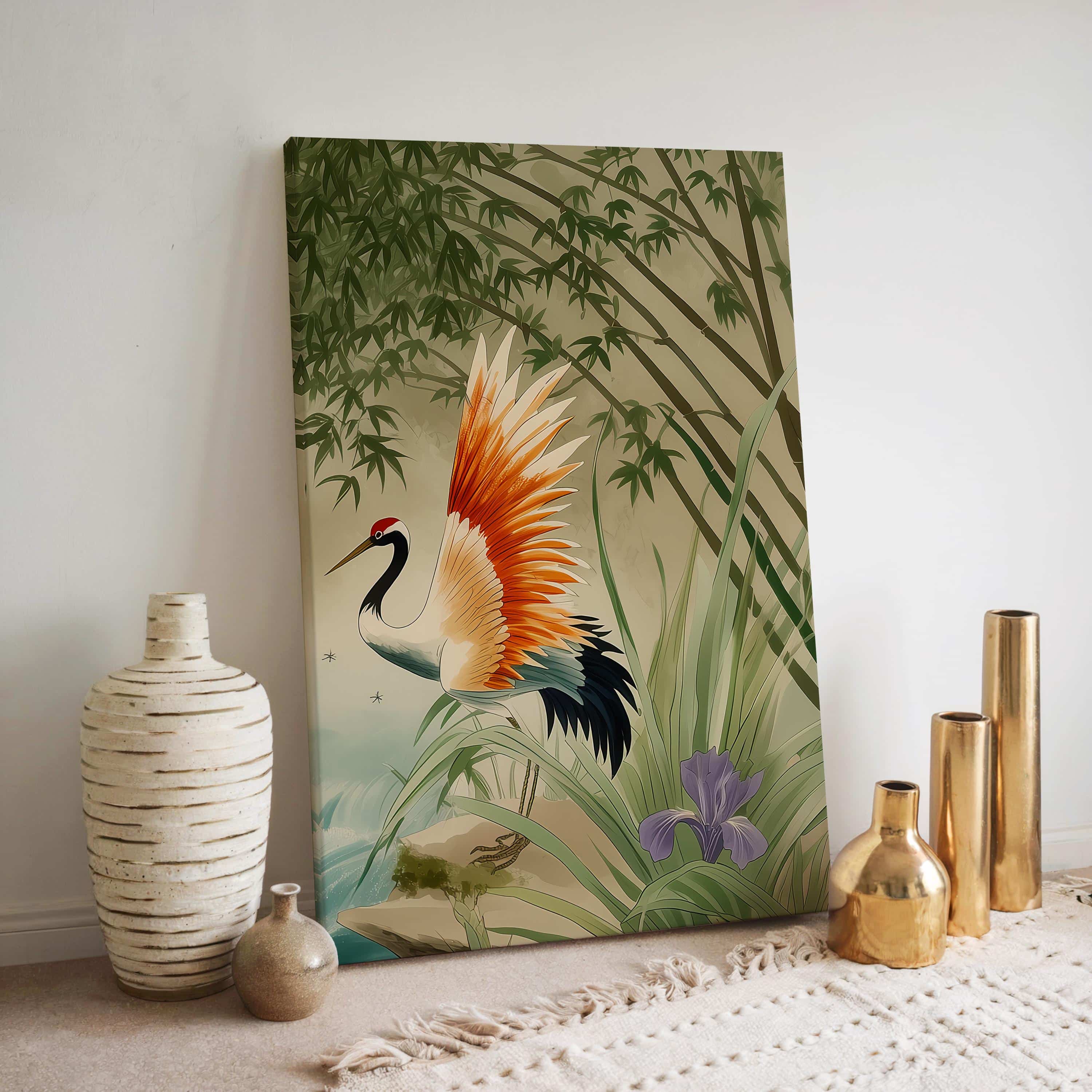 Summer Crane Triptych Canvas Wall Decor – Japanese-Inspired Art Panels with Cranes, Bamboo, and Irises for a Peaceful, Asian-Inspired Living Space - photo #11