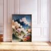 Soft Morning Mist Cloud Poster – Japanese Botanical Wall Art with Mountains and Peonies – Peaceful Japandi Style Print for Relaxed Spaces