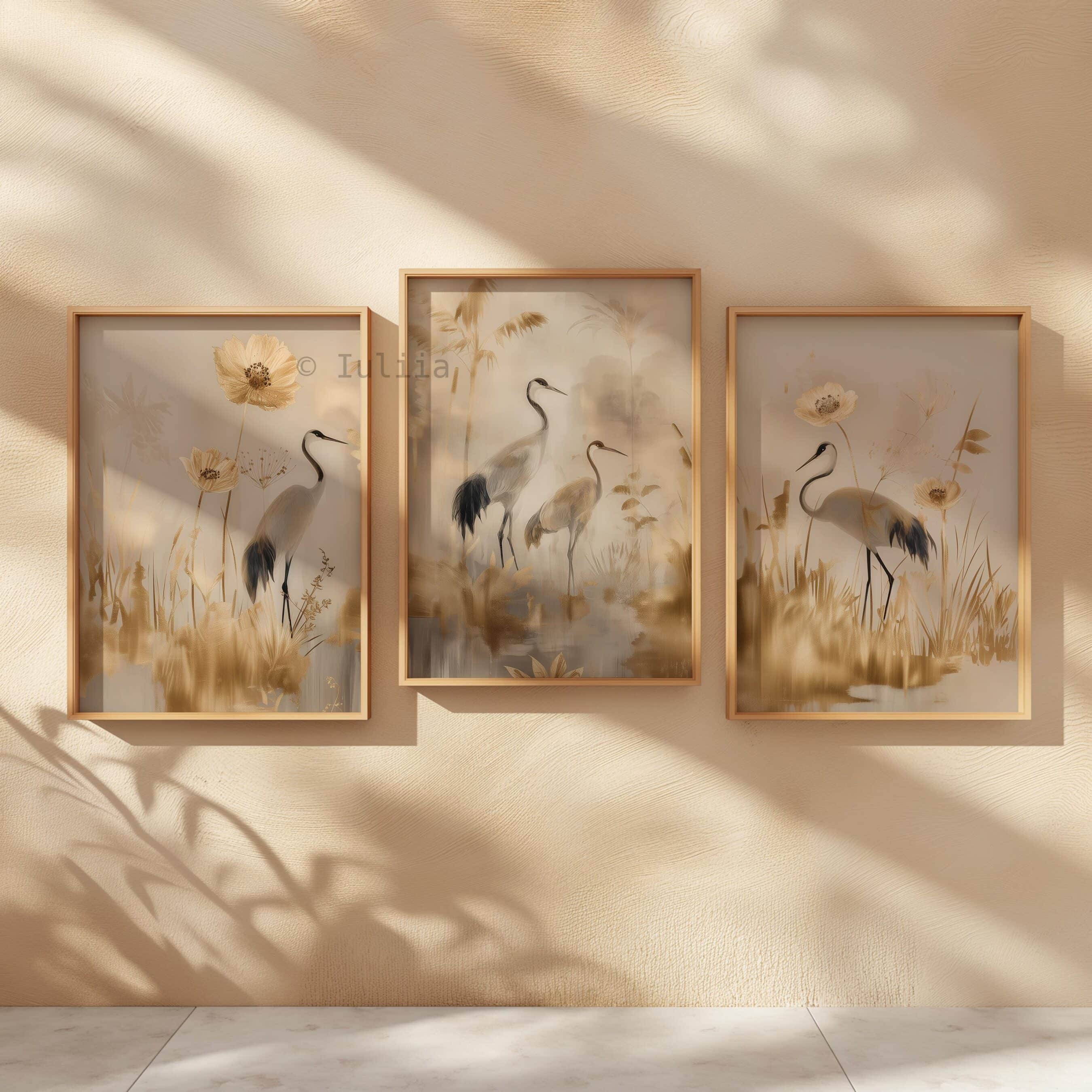Set of 3 Beige and Gold Japanese Crane Art Prints