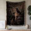 Victorian Raven Tapestry Woven Blanket, Dark Academia 100% Cotton Jacquard Throw with Crows and Candle, Gothic Literary Home Accent