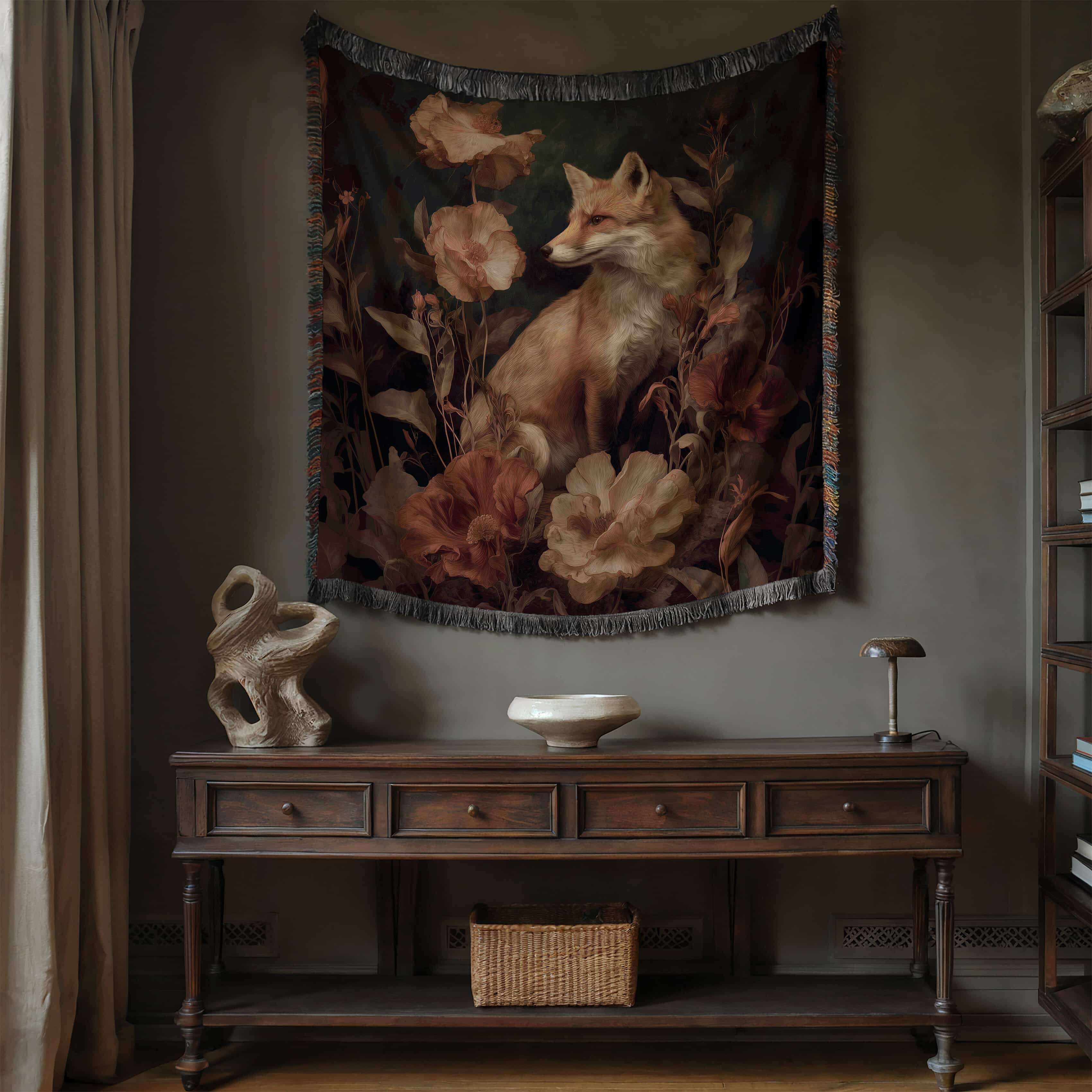 Romantic Castlecore Fox and Florals Woven Blanket, Dark Academia Jacquard Throw, Victorian Cottagecore Woodland Aesthetic in 100% Cotton - photo #5